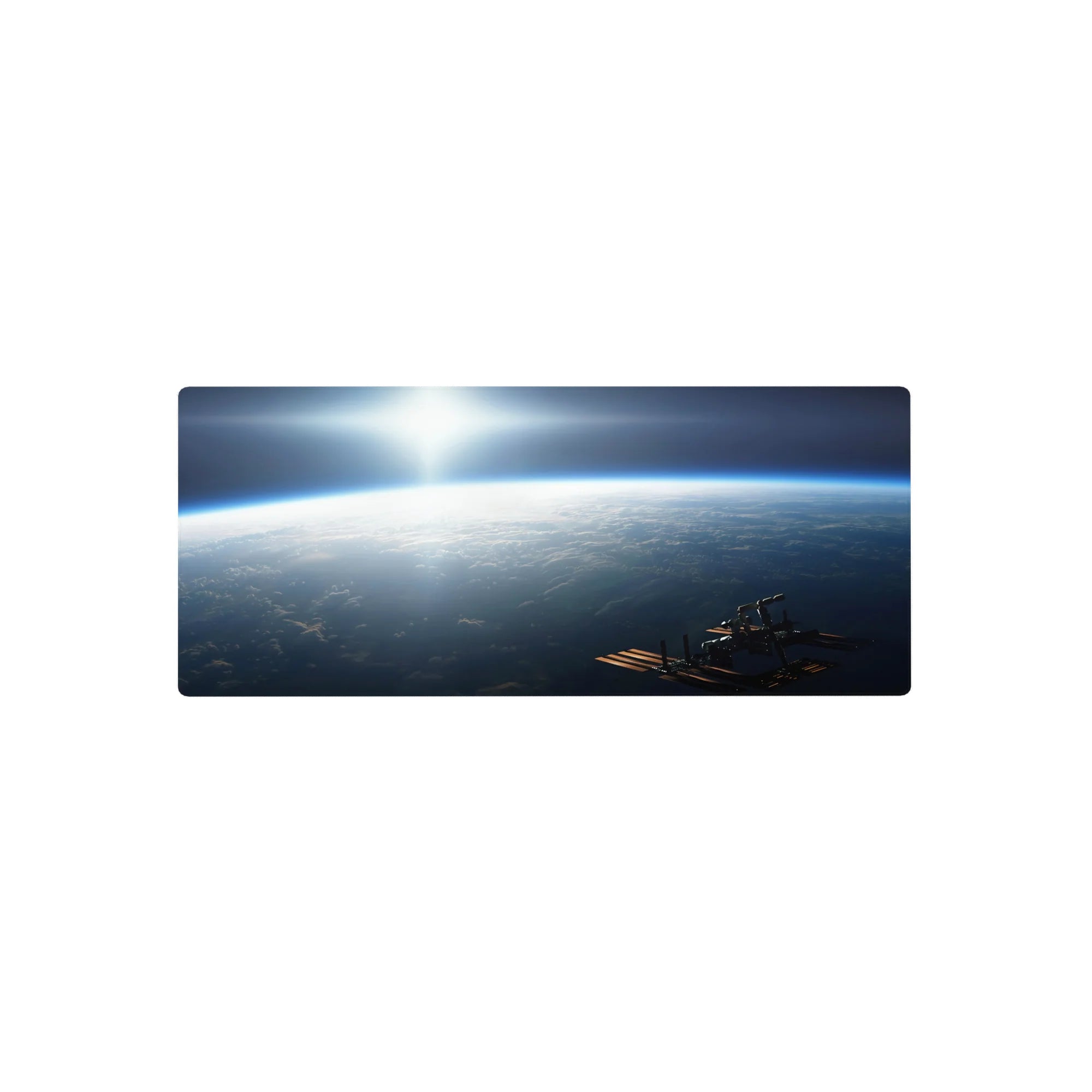 Space sunrise horizon mouse pad 28x12 inches with cloud-top view, subtle station silhouette, smooth desk mat.