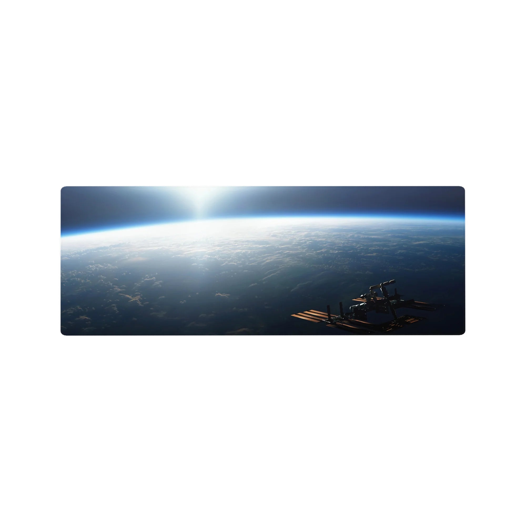 Calm blue horizon sunrise space-themed mouse pad, 32x12 inches, with subtle station silhouette.