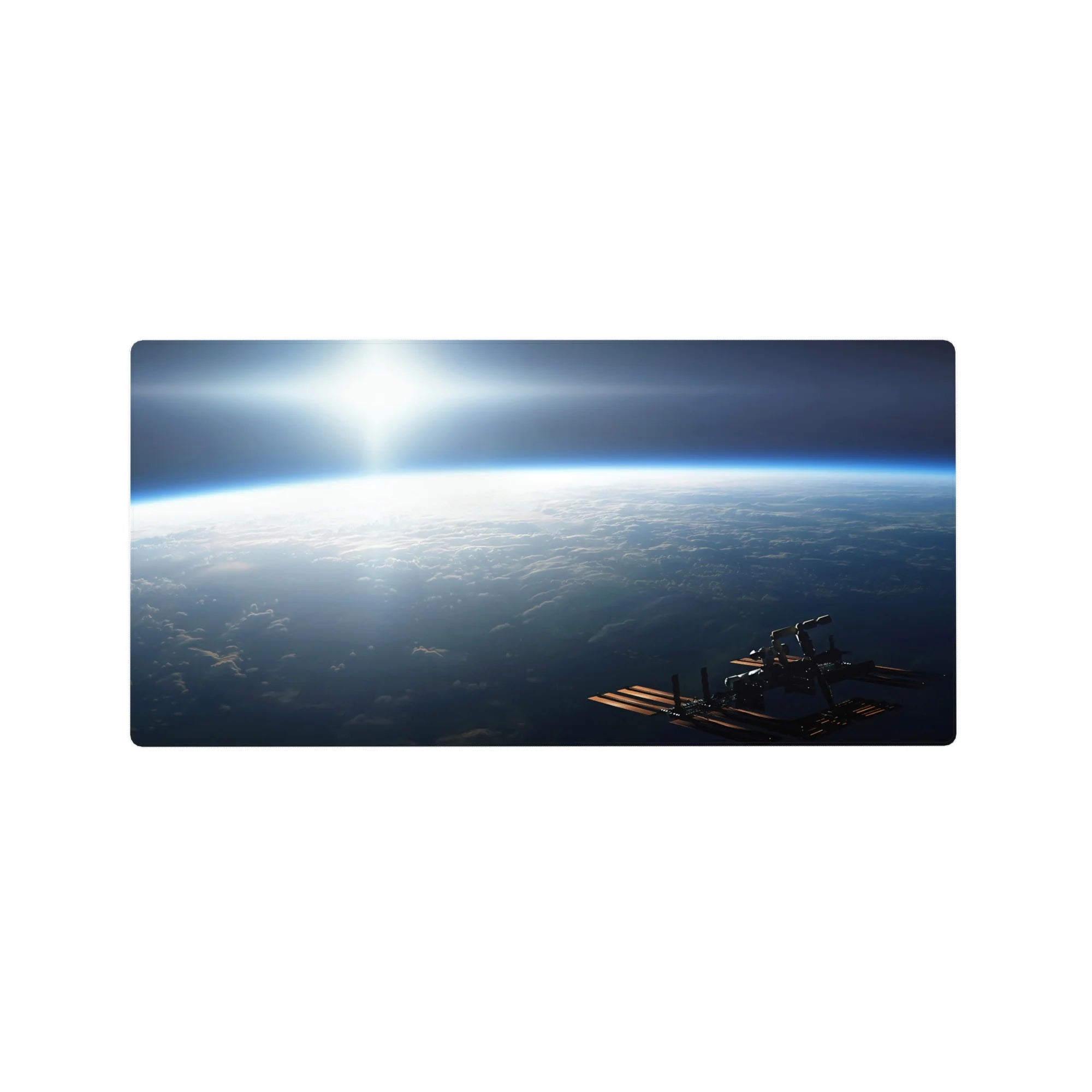 Space sunrise horizon desk mouse pad, calm clouds and tiny station silhouette, 32x16 inches.