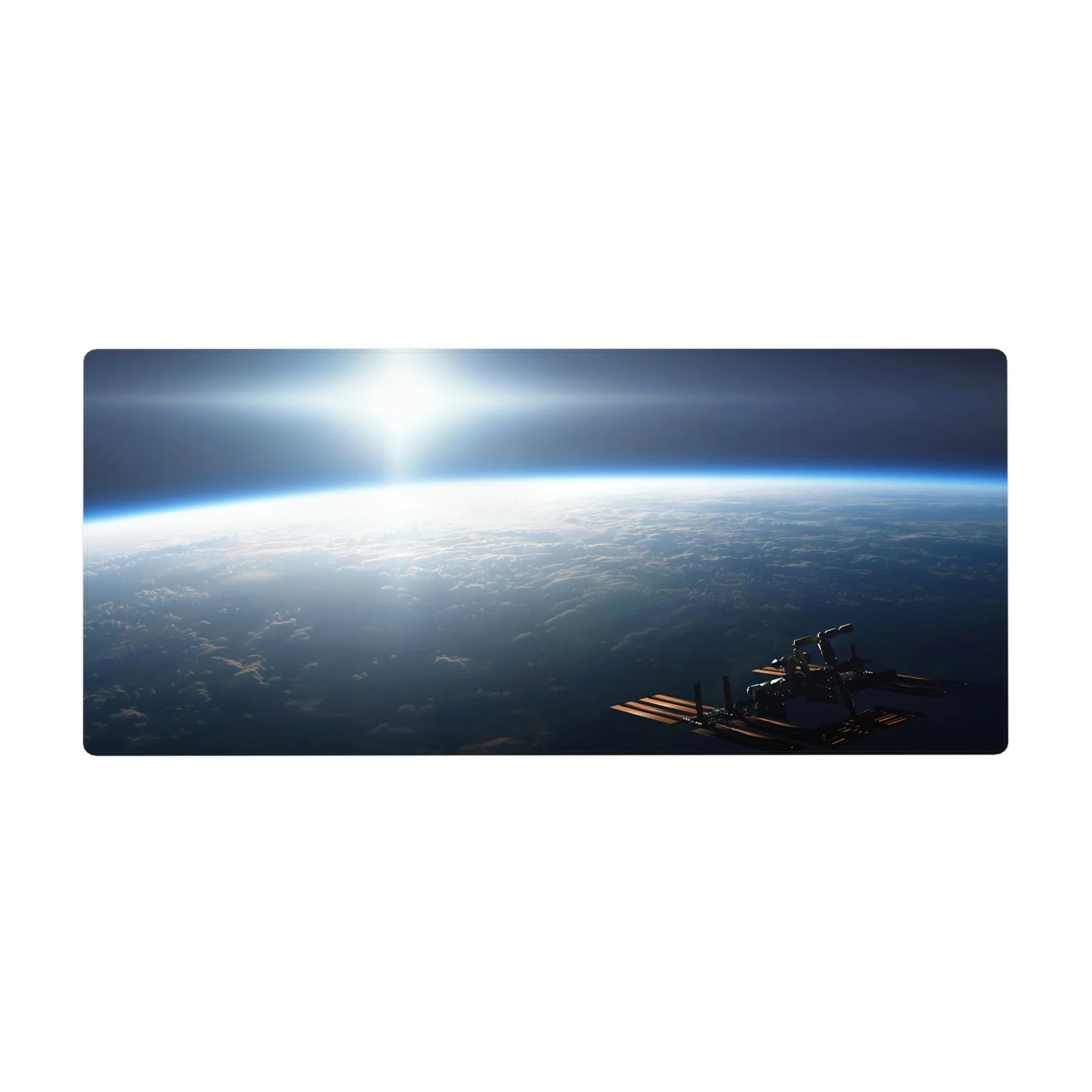 Space sunrise horizon desk pad 36x16 inches with navy cloud shadows and tiny station silhouette.