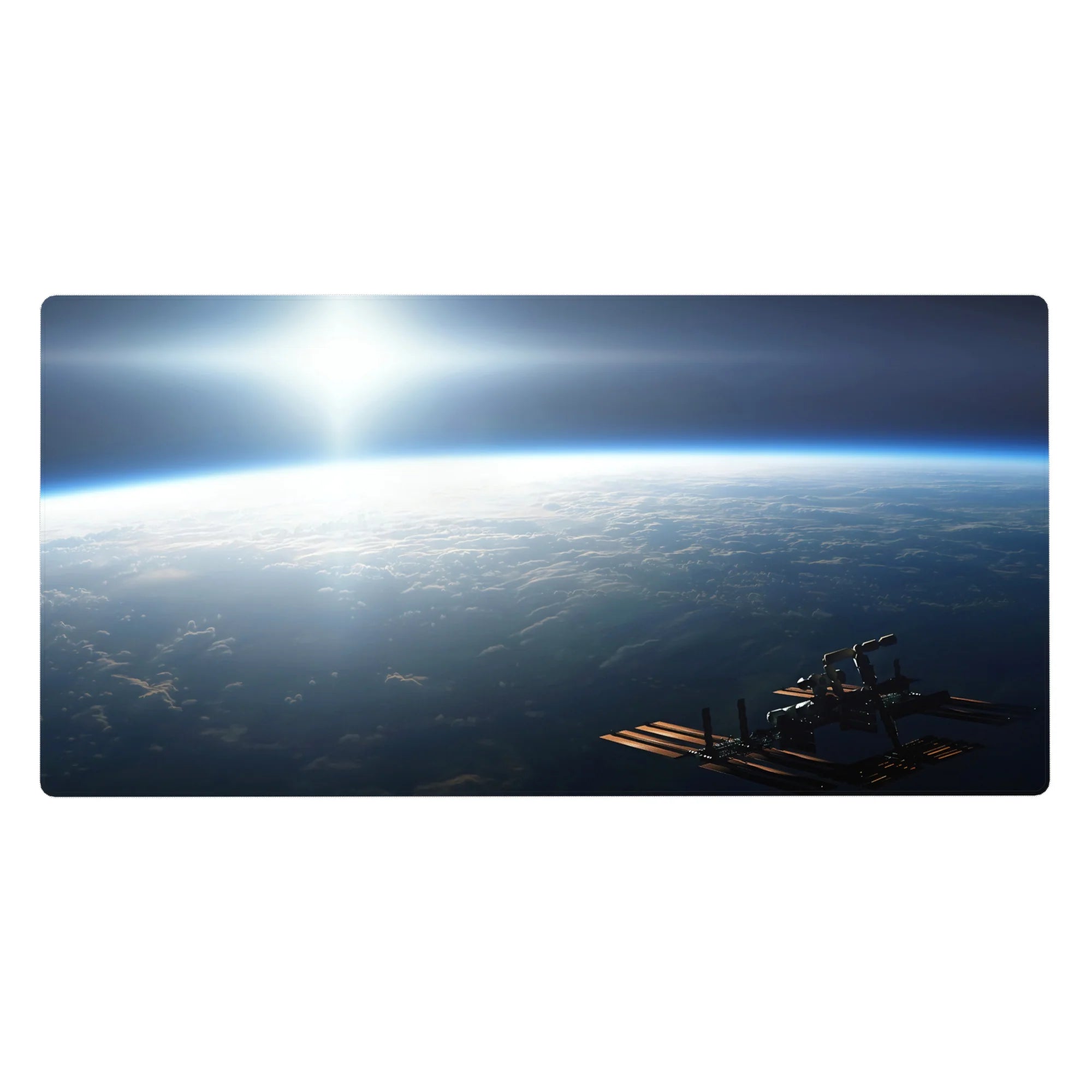 Space sunrise horizon desk pad 40x20 inches with tiny station silhouette and cloud-top view.