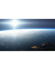 Space sunrise horizon desk pad 40x20 inches with tiny station silhouette and cloud-top view.