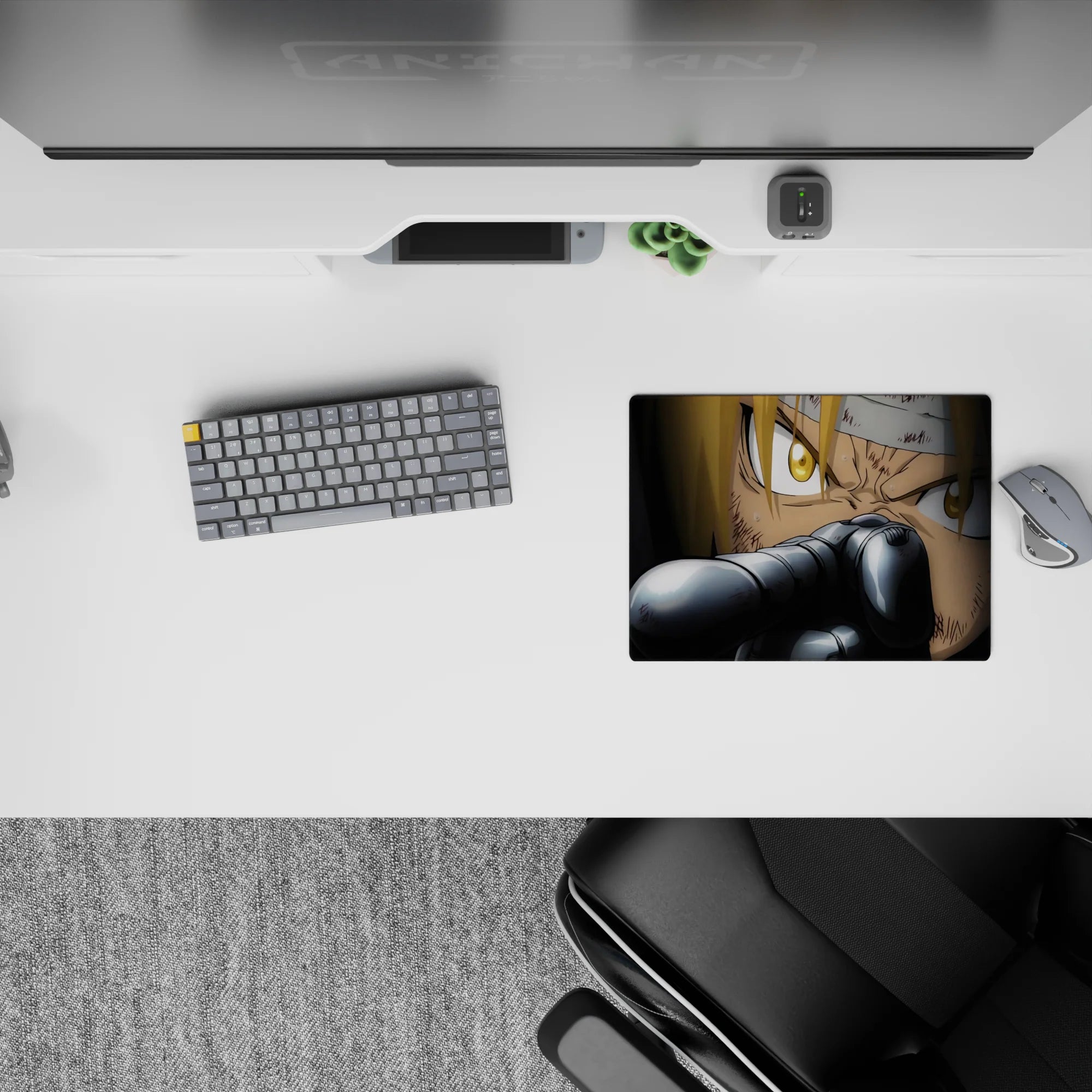 Dark, high-contrast anime mouse pad 14x10 inches in deep shadows with sharp steel highlights and tense mood.