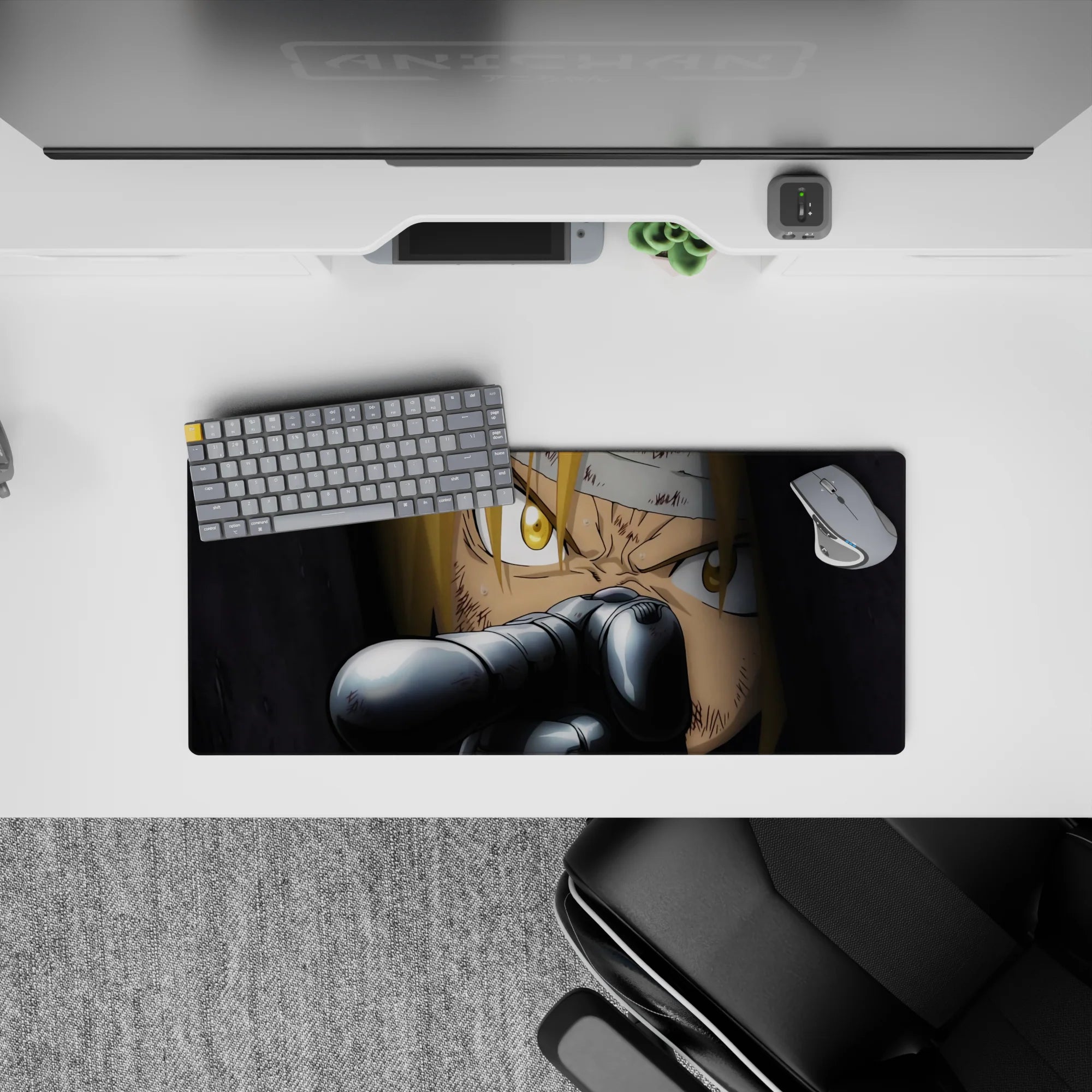 28x12 inches anime mouse pad in deep shadows and sharp highlights, cold steel tones and tense cinematic mood.