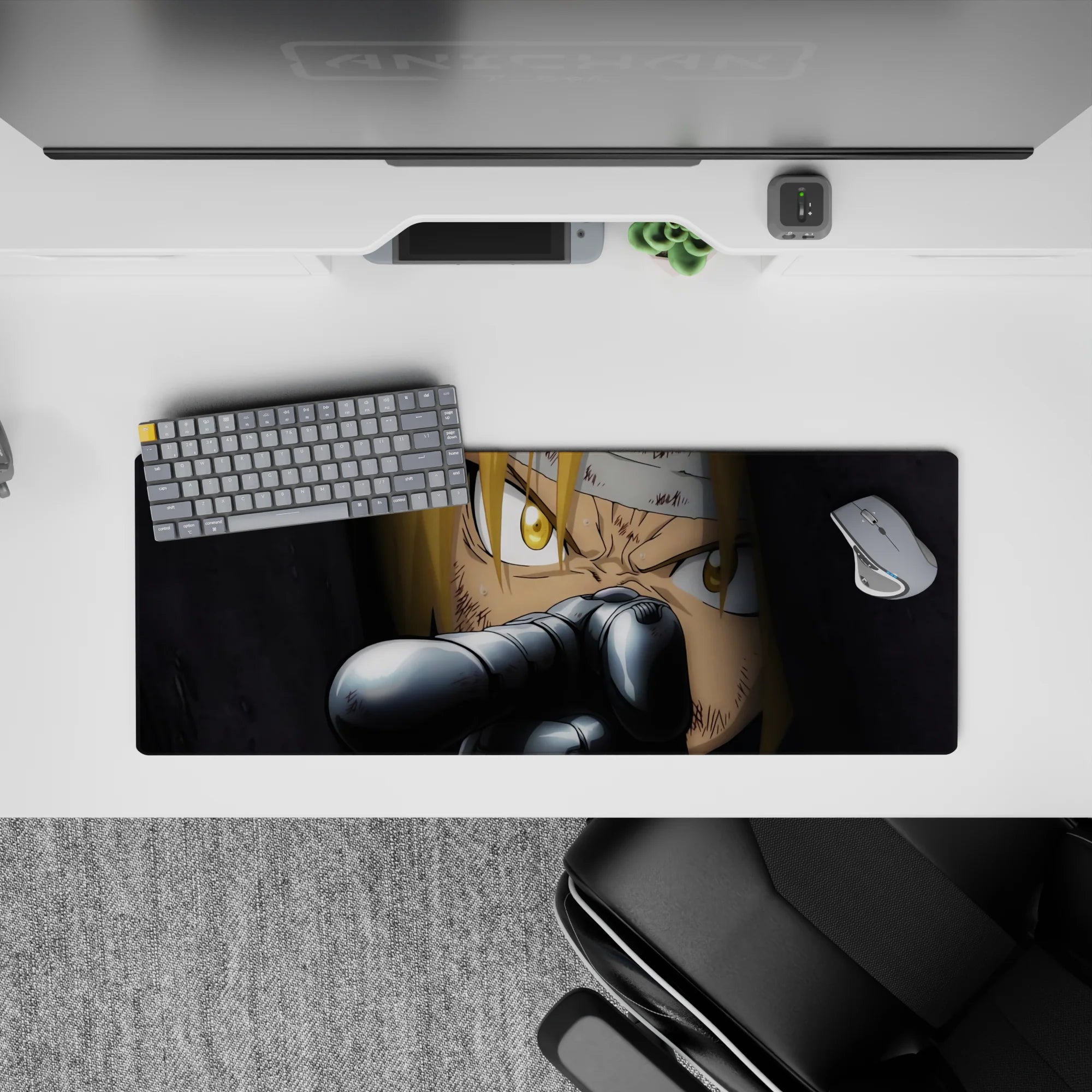 32x12 inches anime mouse pad in deep shadows and sharp steel highlights, gritty tense cinematic mood.