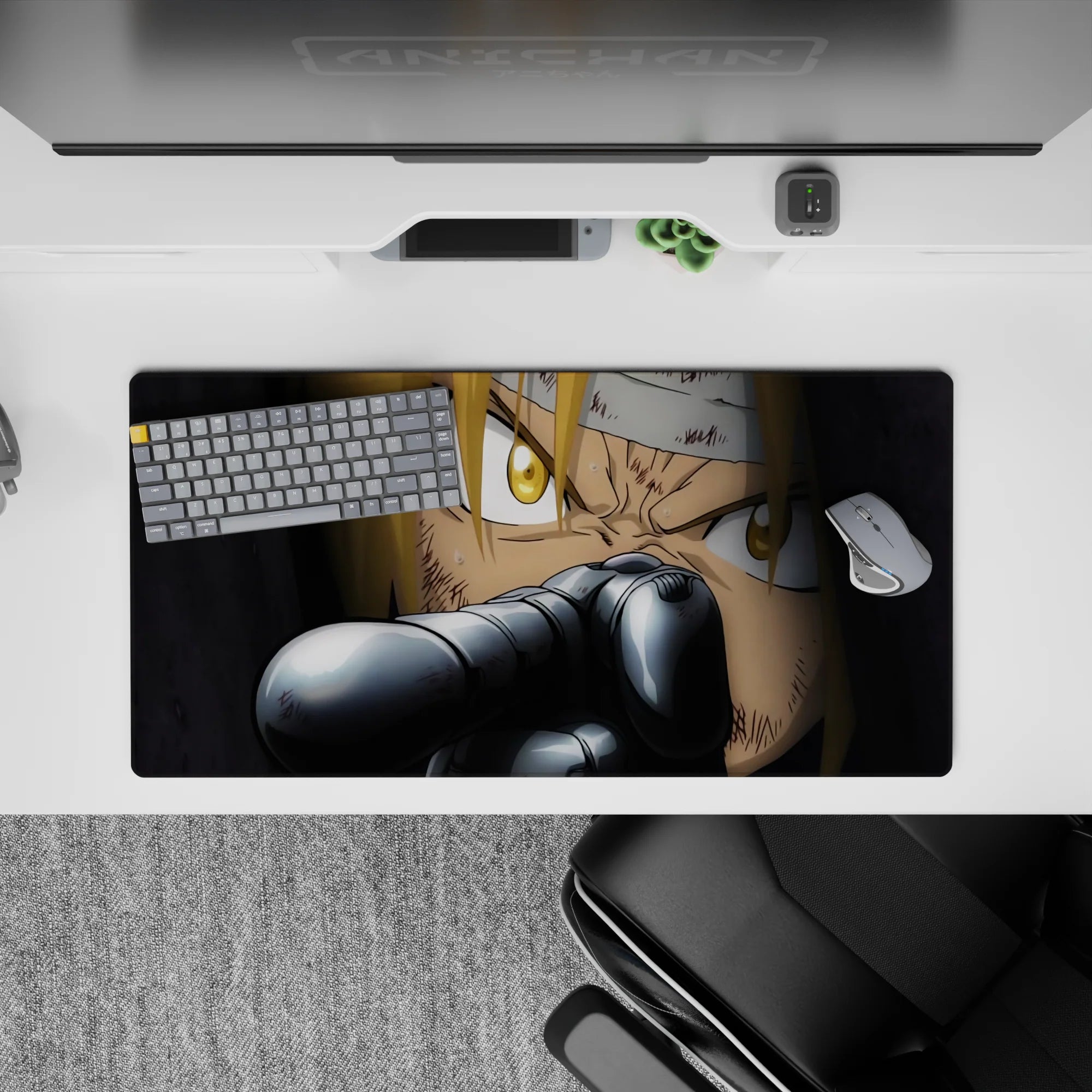 32x16 inches anime mouse pad in deep shadows and sharp metal highlights for a tense cinematic mood.