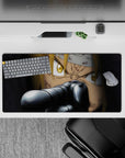 32x16 inches anime mouse pad in deep shadows and sharp metal highlights for a tense cinematic mood.