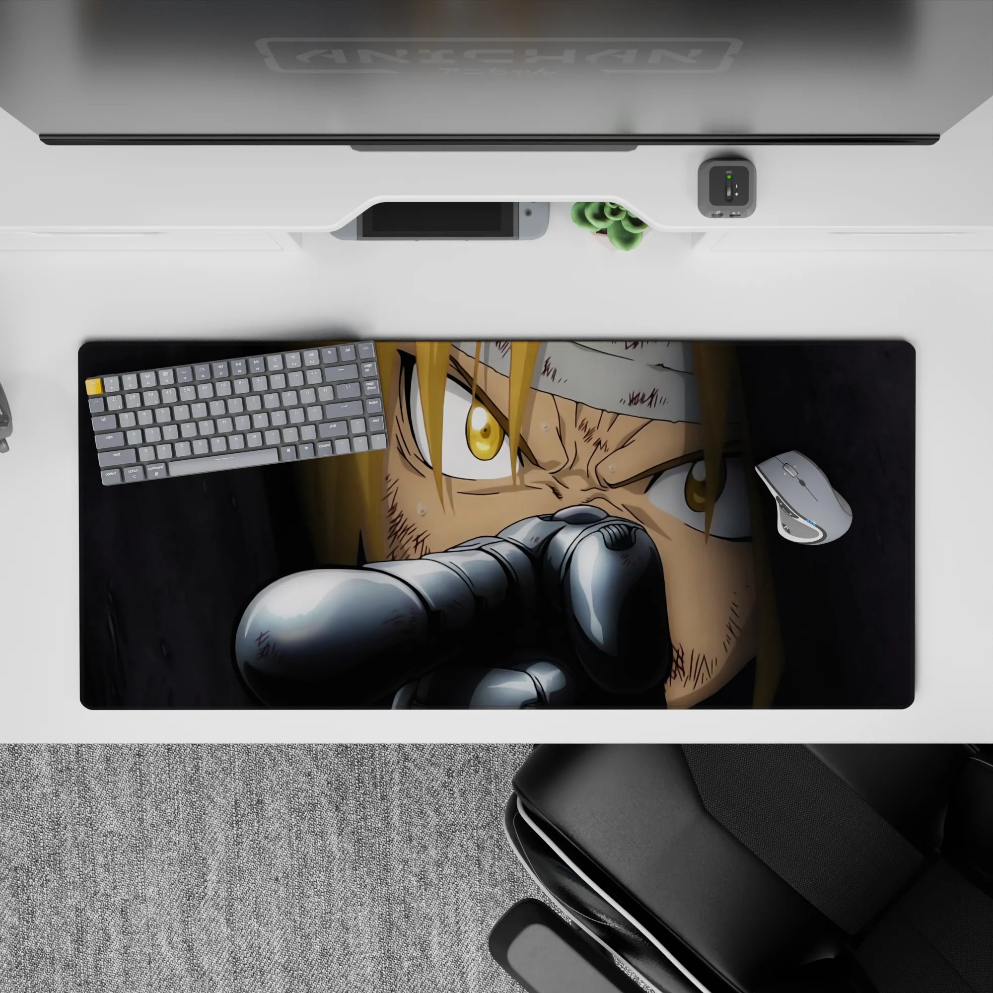 36x16 inches anime desk pad in deep shadows and sharp steel highlights for a tense cinematic mood.