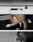 36x16 inches anime desk pad in deep shadows and sharp steel highlights for a tense cinematic mood.