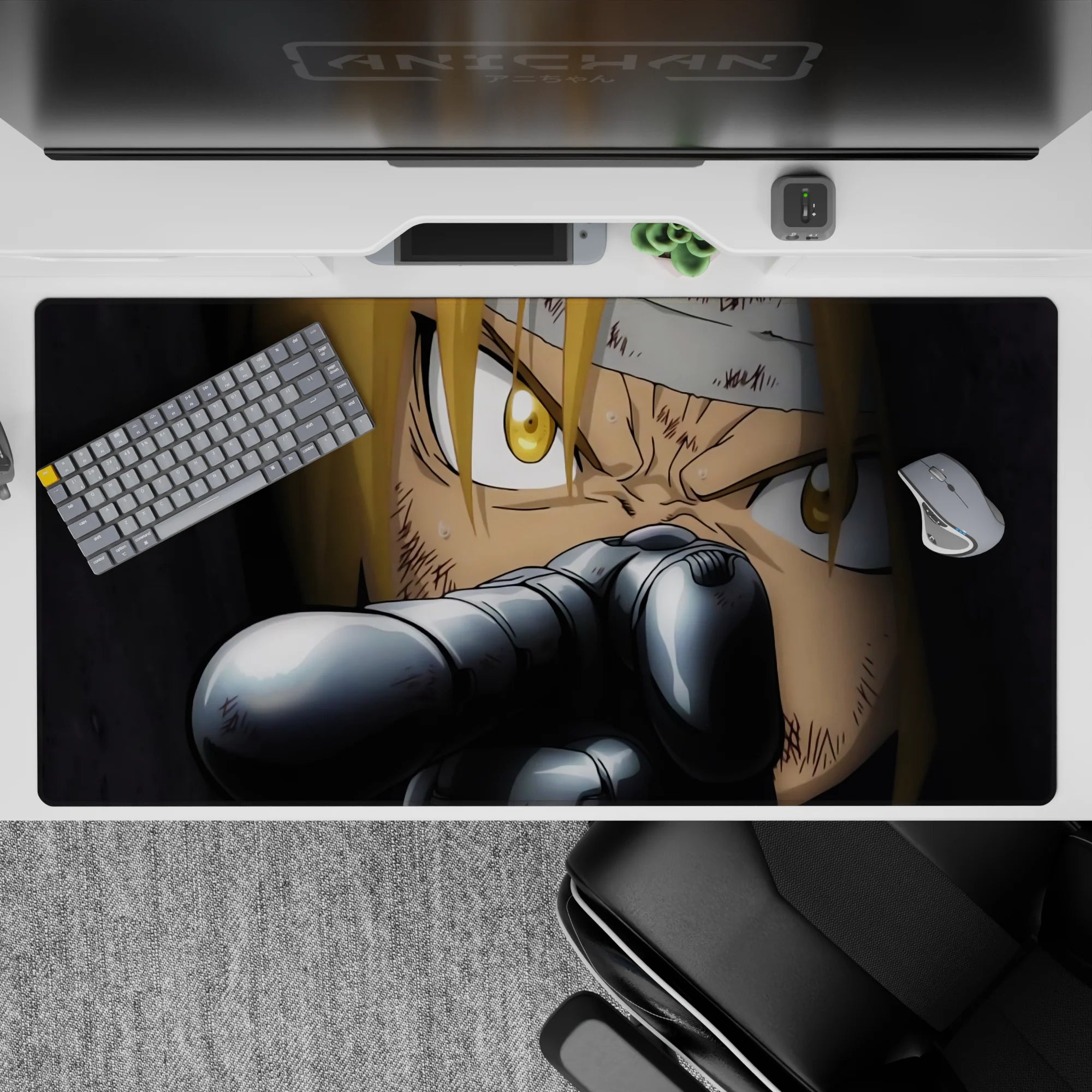 High-contrast 40x20 inches anime desk pad in deep shadows with sharp steel highlights, tense vibe.