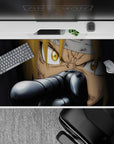 High-contrast 40x20 inches anime desk pad in deep shadows with sharp steel highlights, tense vibe.