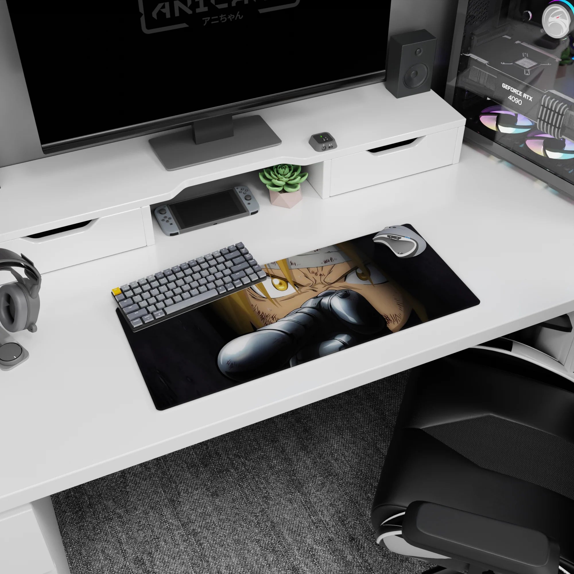 28x12 inches anime mouse pad showing blond hair over fierce gold eyes, scratches and grime, gun barrel close-up.