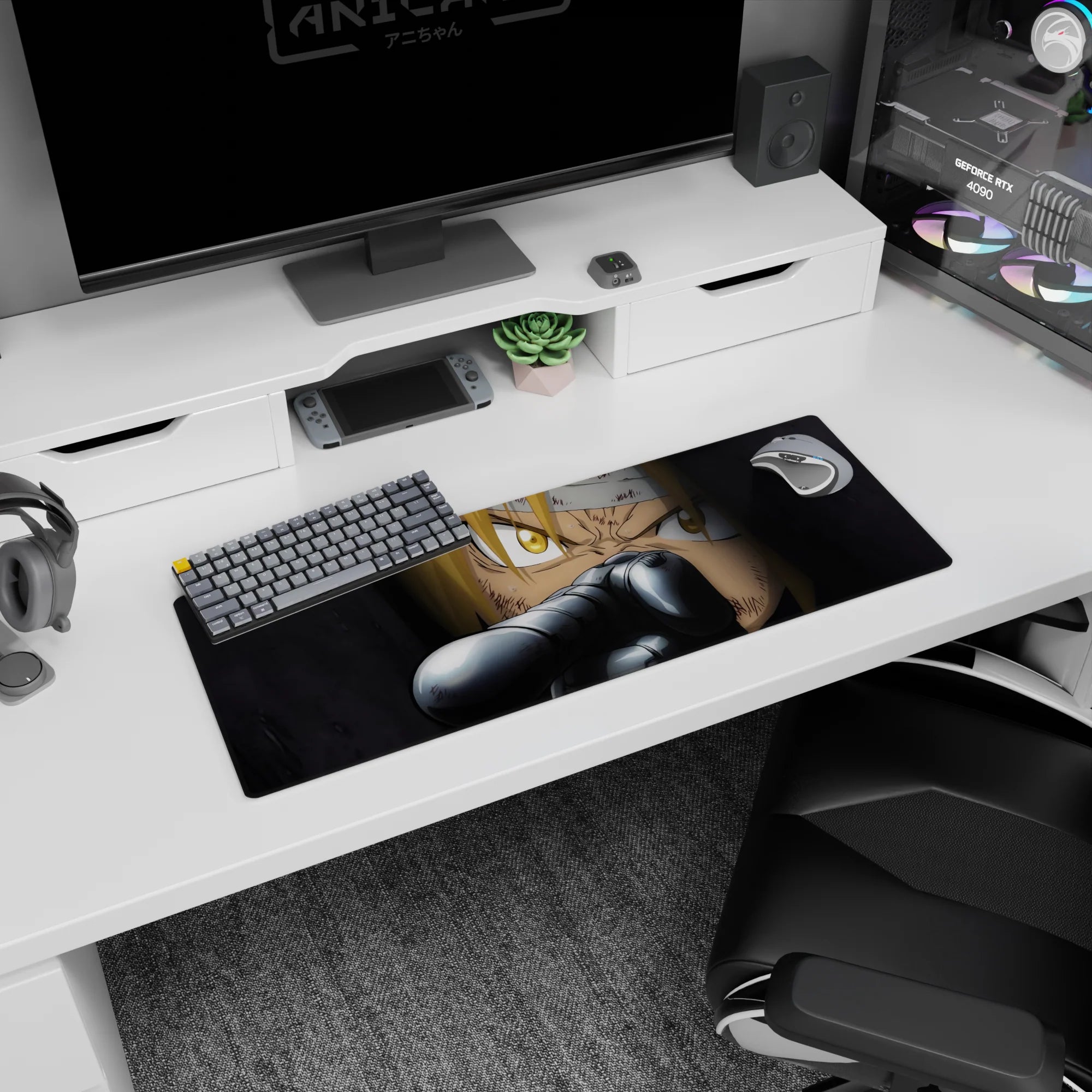 32x12 inches anime mouse pad featuring blond hair over fierce gold eyes, scratched face, gun aimed at viewer.