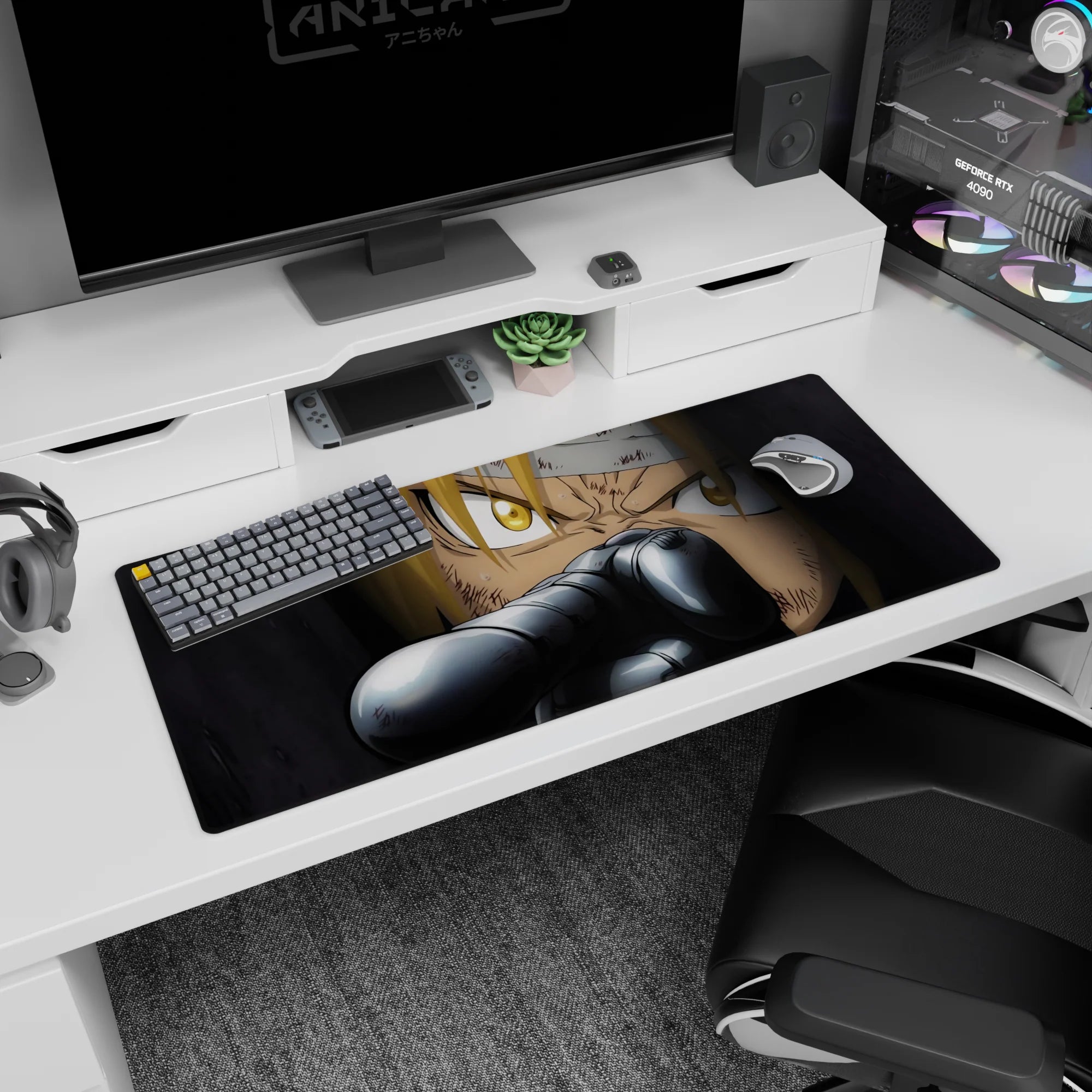 36x16 inches anime desk pad showing blonde hair over gold eyes, scratched face, and cold gun barrel close-up.
