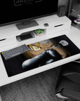 36x16 inches anime desk pad showing blonde hair over gold eyes, scratched face, and cold gun barrel close-up.