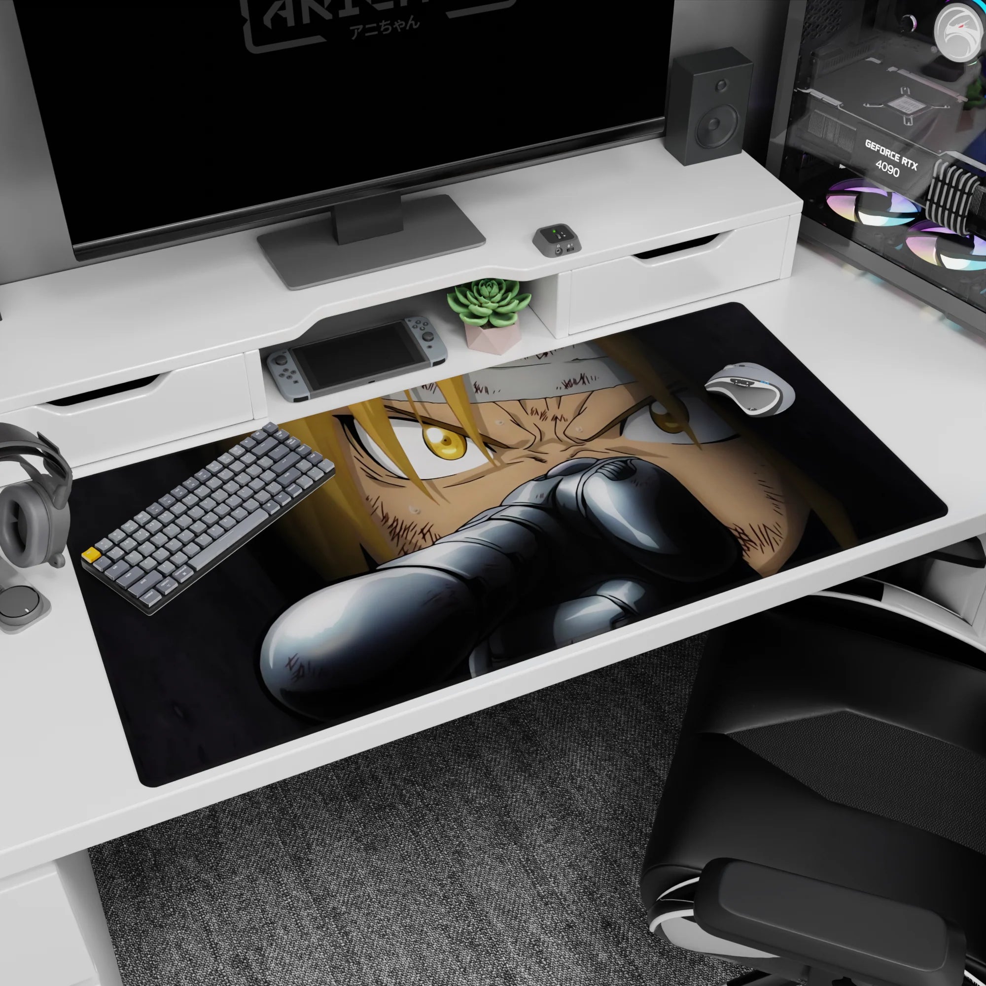 40x20 inches anime desk pad featuring blond hair over gold eyes, scratched face, gun barrel up close.