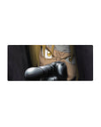 28x12 inches anime mouse pad with close-up blond gunfighter, gold eyes, gritty face, steel barrel foreground.