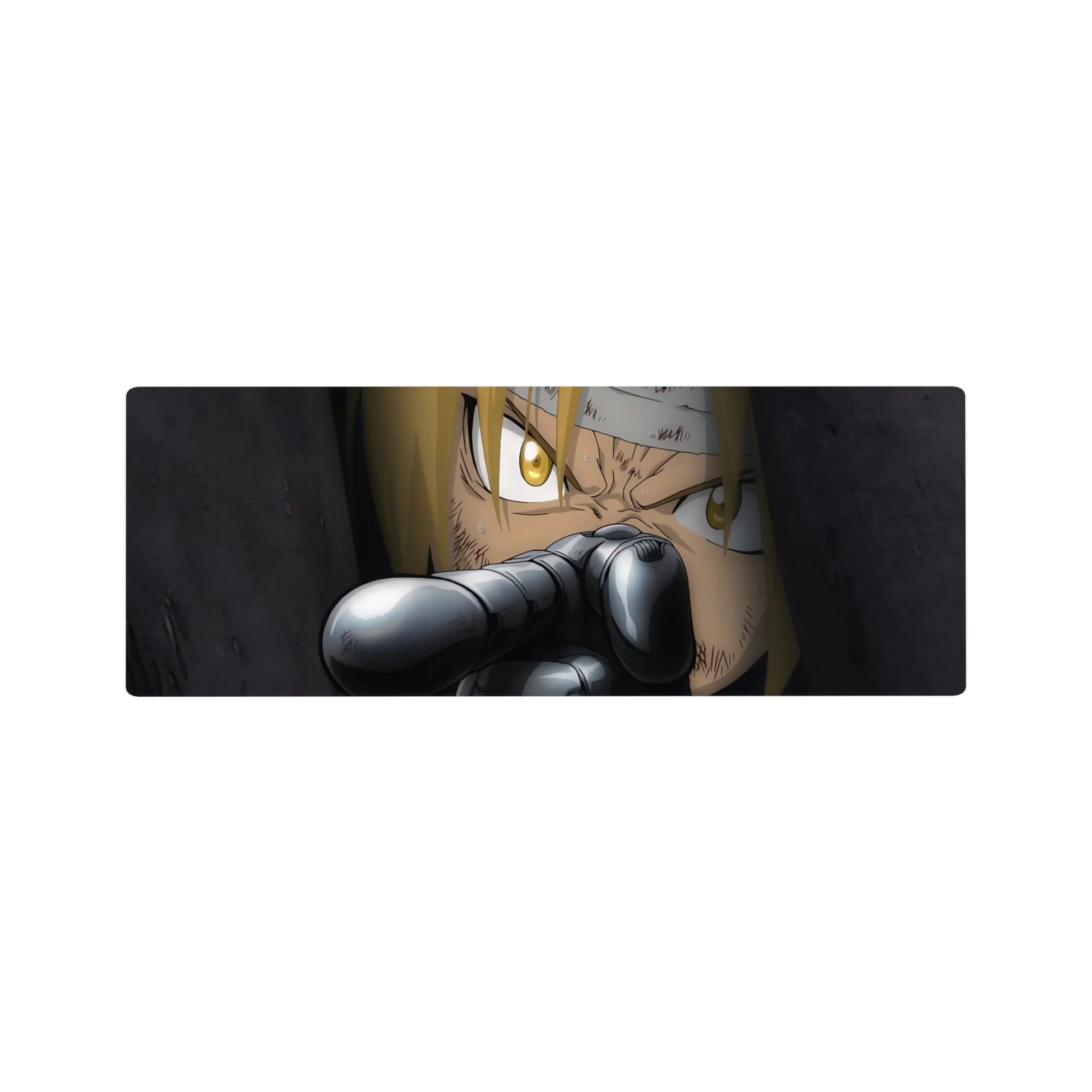32x12 inches anime mouse pad with close-up blond fighter, gold eyes, and gun barrel foreground detail.