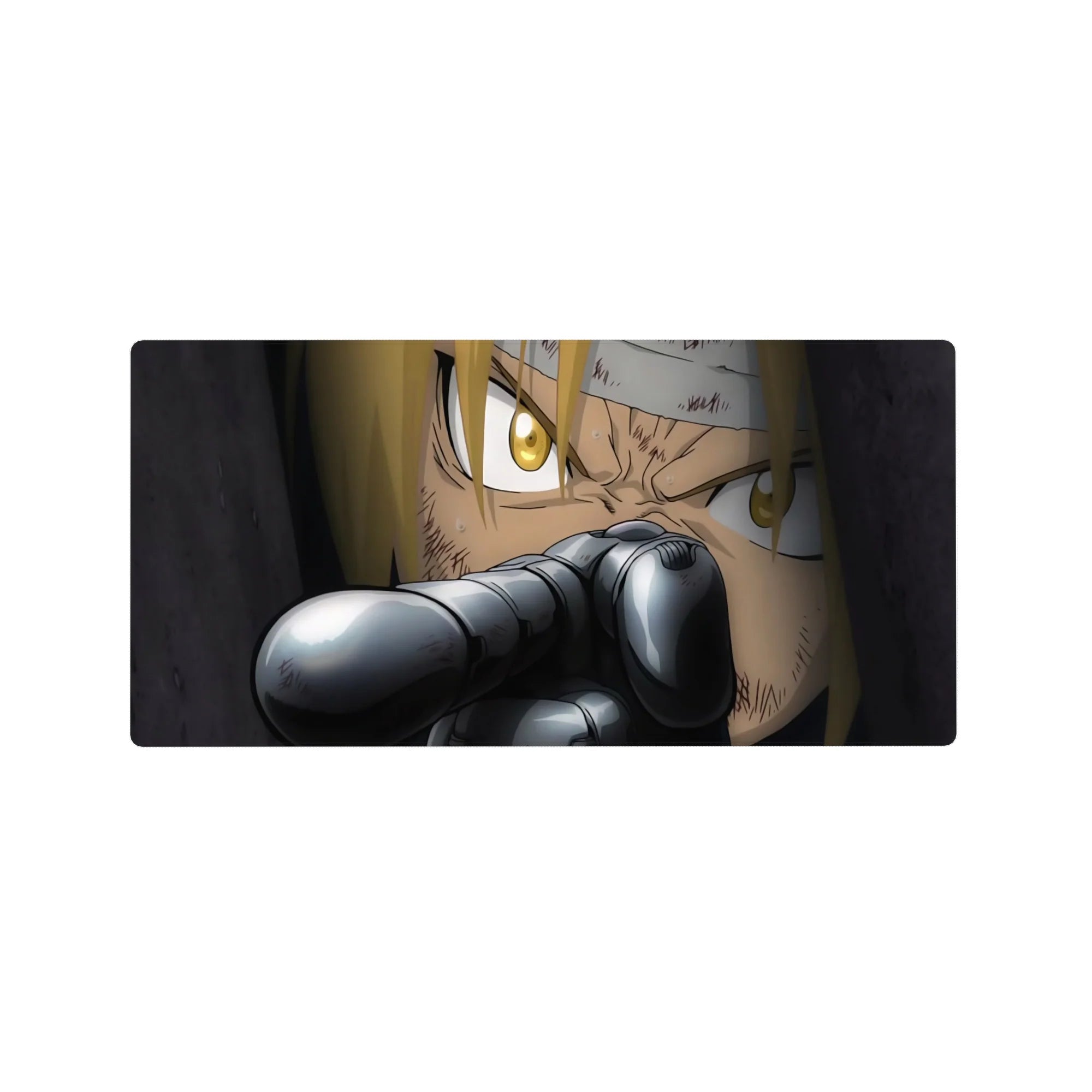 32x16 inches anime mouse pad with close-up blond fighter, gold eyes, and gun barrel foreground.