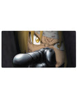 32x16 inches anime mouse pad with close-up blond fighter, gold eyes, and gun barrel foreground.