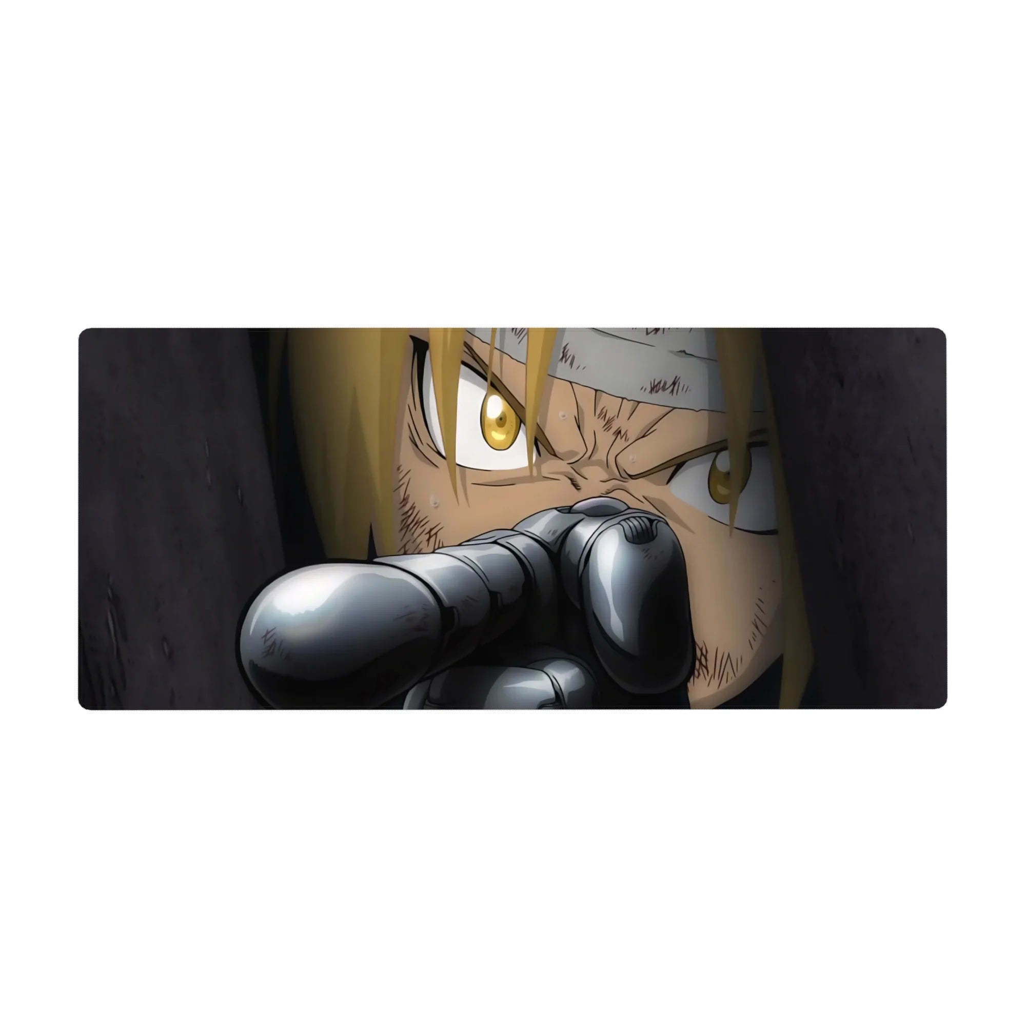 36x16 inches anime desk pad with close-up blonde fighter, gold eyes, and gun barrel in foreground.