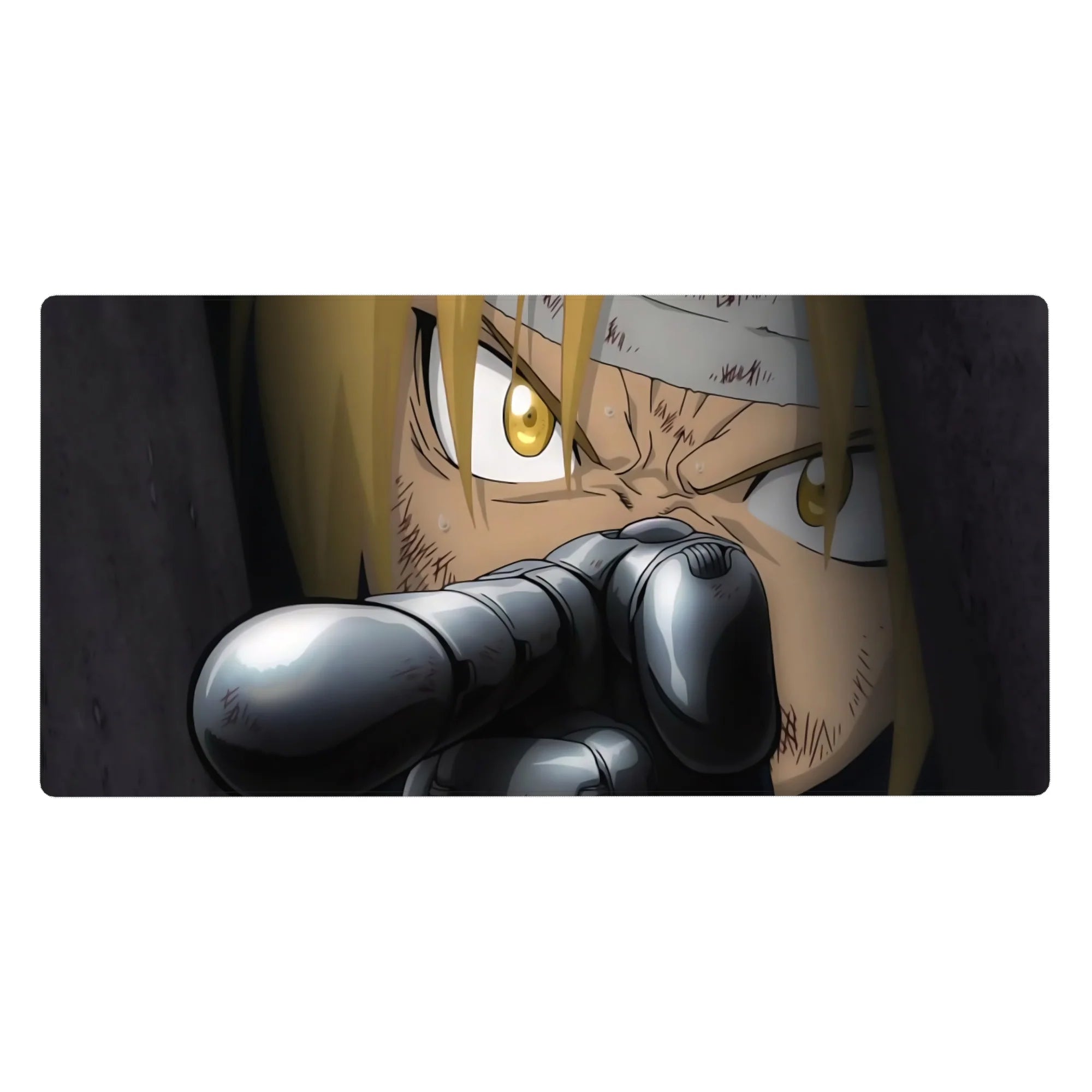 Anime desk pad 40x20 inches with close-up blond shooter, gold eyes, and gun barrel foreground.