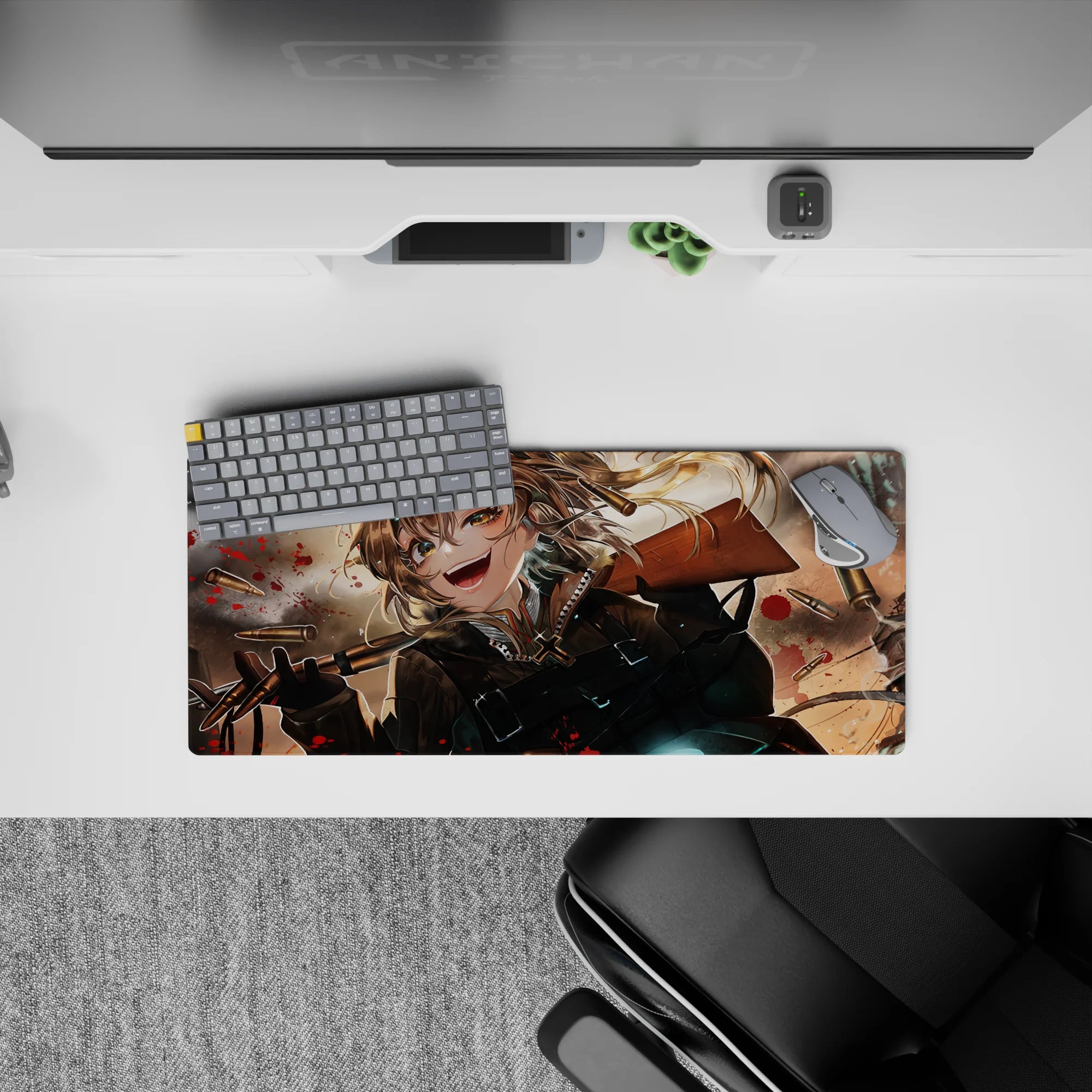 28x12 inches anime desk pad in smoky browns and stormy grays, brass bullets and red specks, dark vibe.
