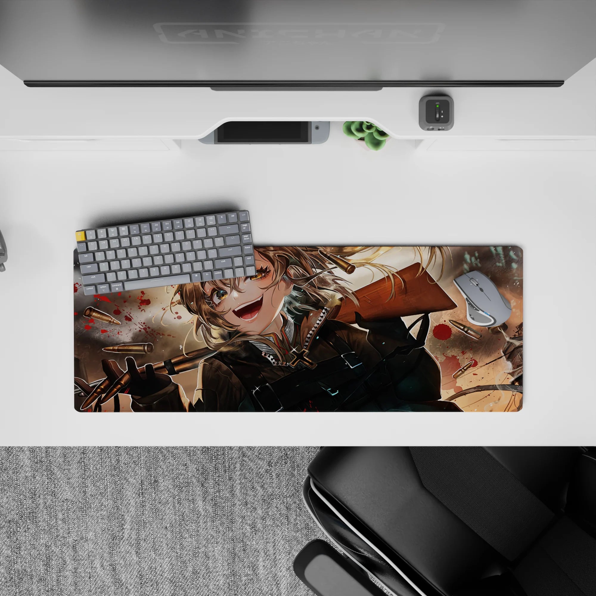 32x12 inches anime mouse pad in smoky browns and stormy grays, black straps, gold hair glow, dark vibe.