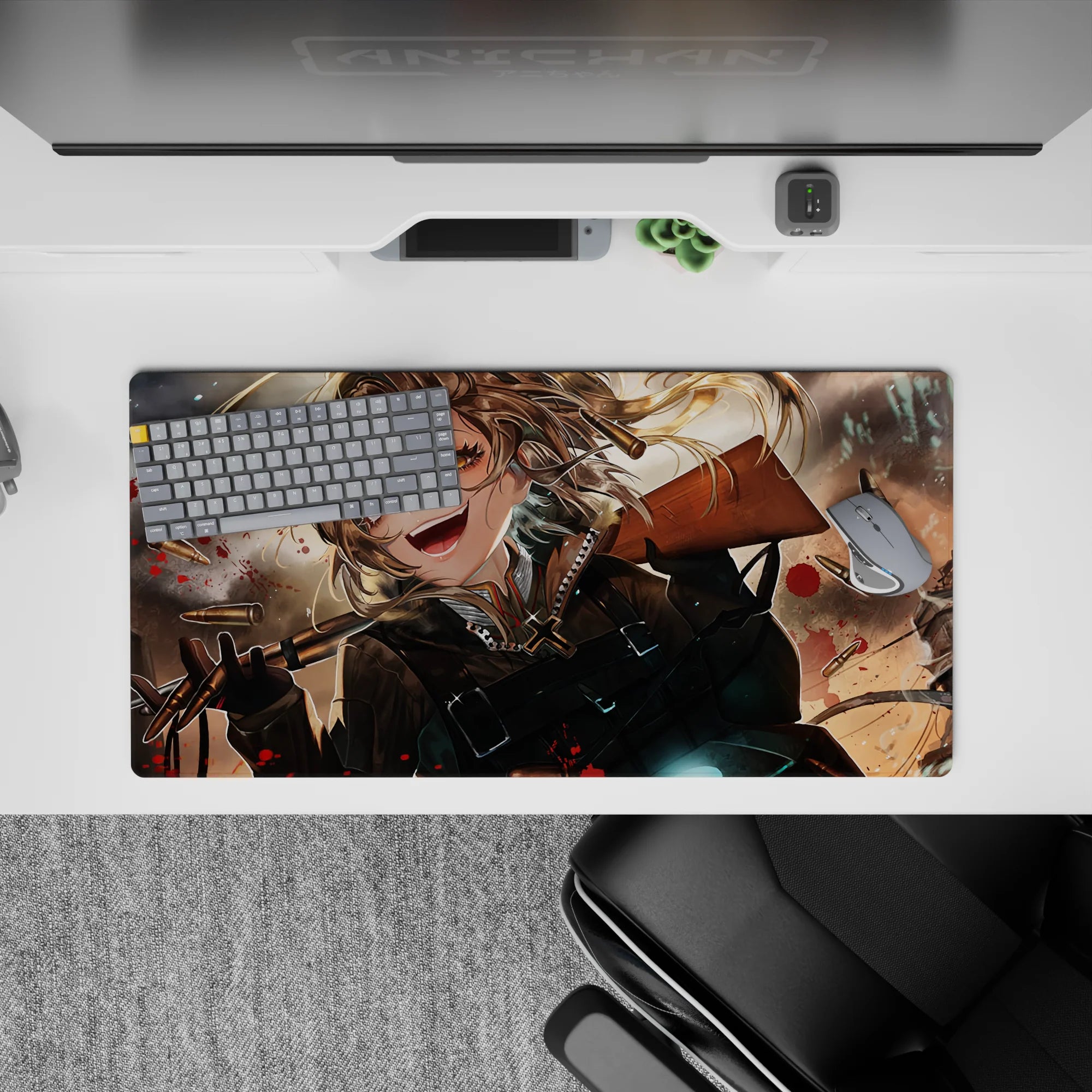 32x16 inches anime girl desk pad in stormy grays and smoky browns, red specks, warm gold highlights.