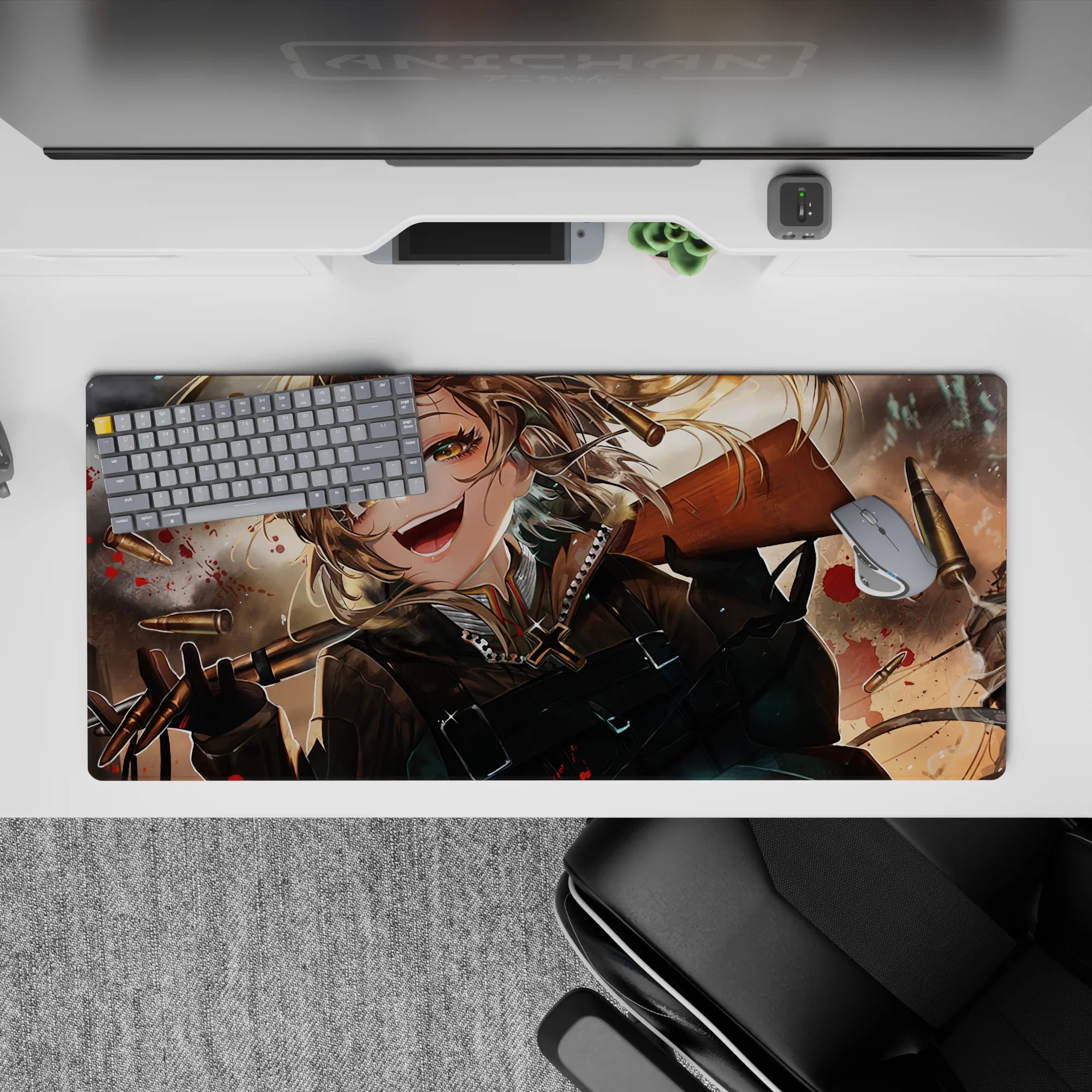 Anime girl desk pad 36x16 inches in smoky browns and stormy grays, brass bullet confetti, red specks.