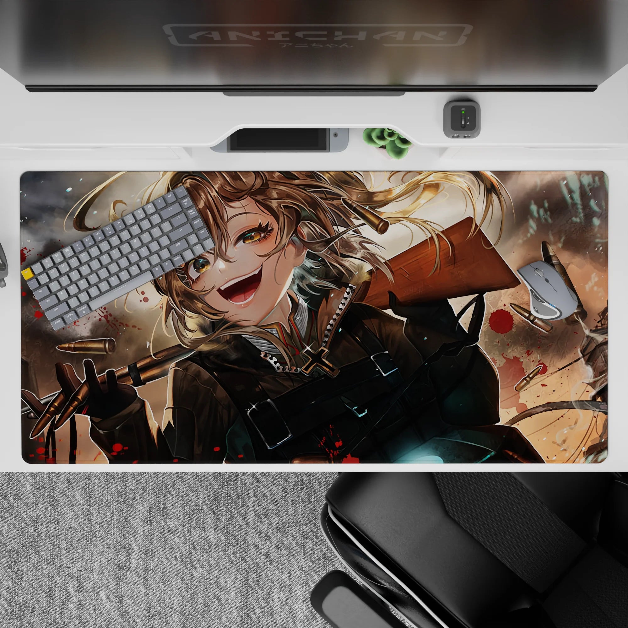 Anime girl desk pad 40x20 inches in stormy grays and smoky browns, with warm gold hair glow and red specks.
