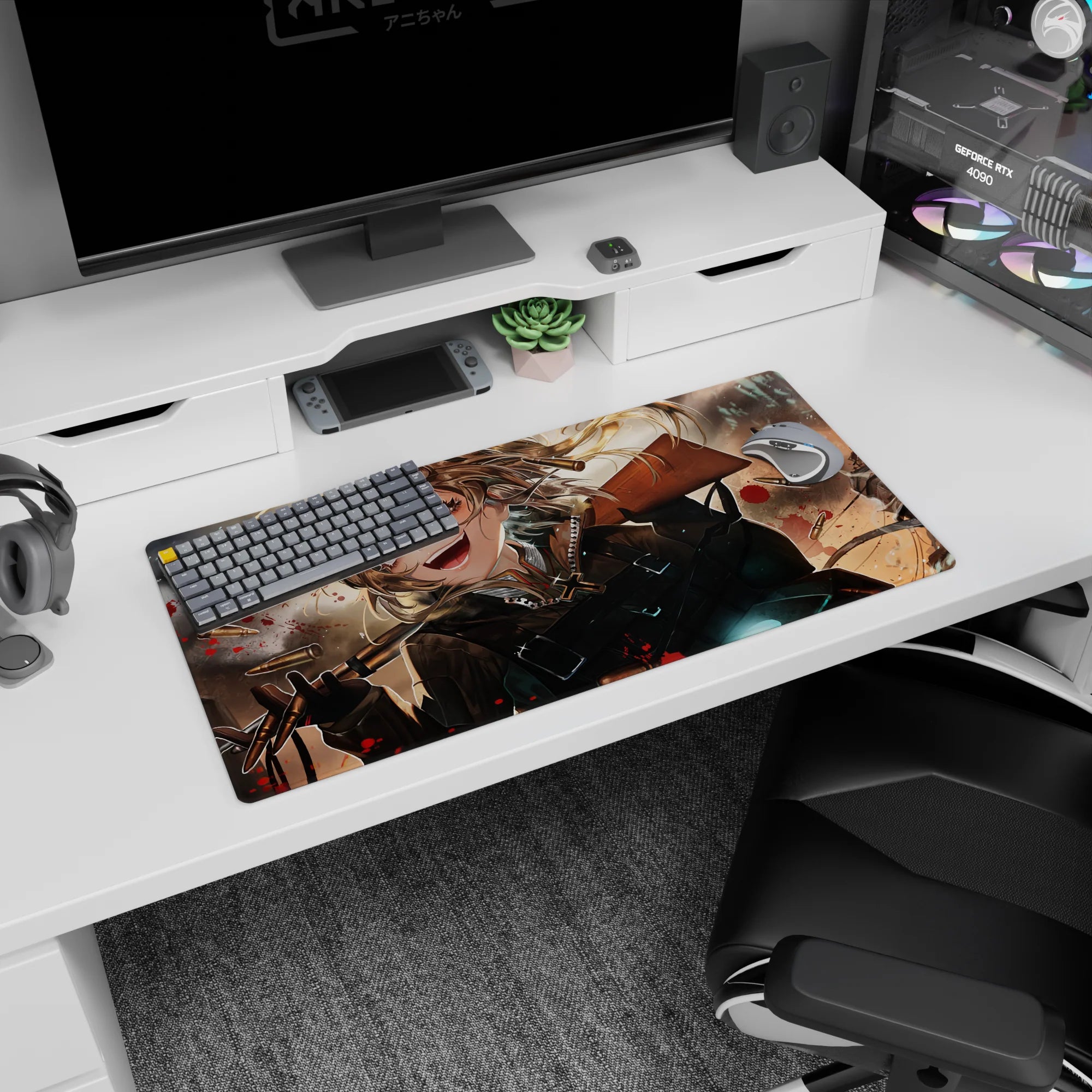 32x16 inches Tanya Degurechaff mouse pad from Saga of Tanya the Evil, grinning amid flying brass rounds.