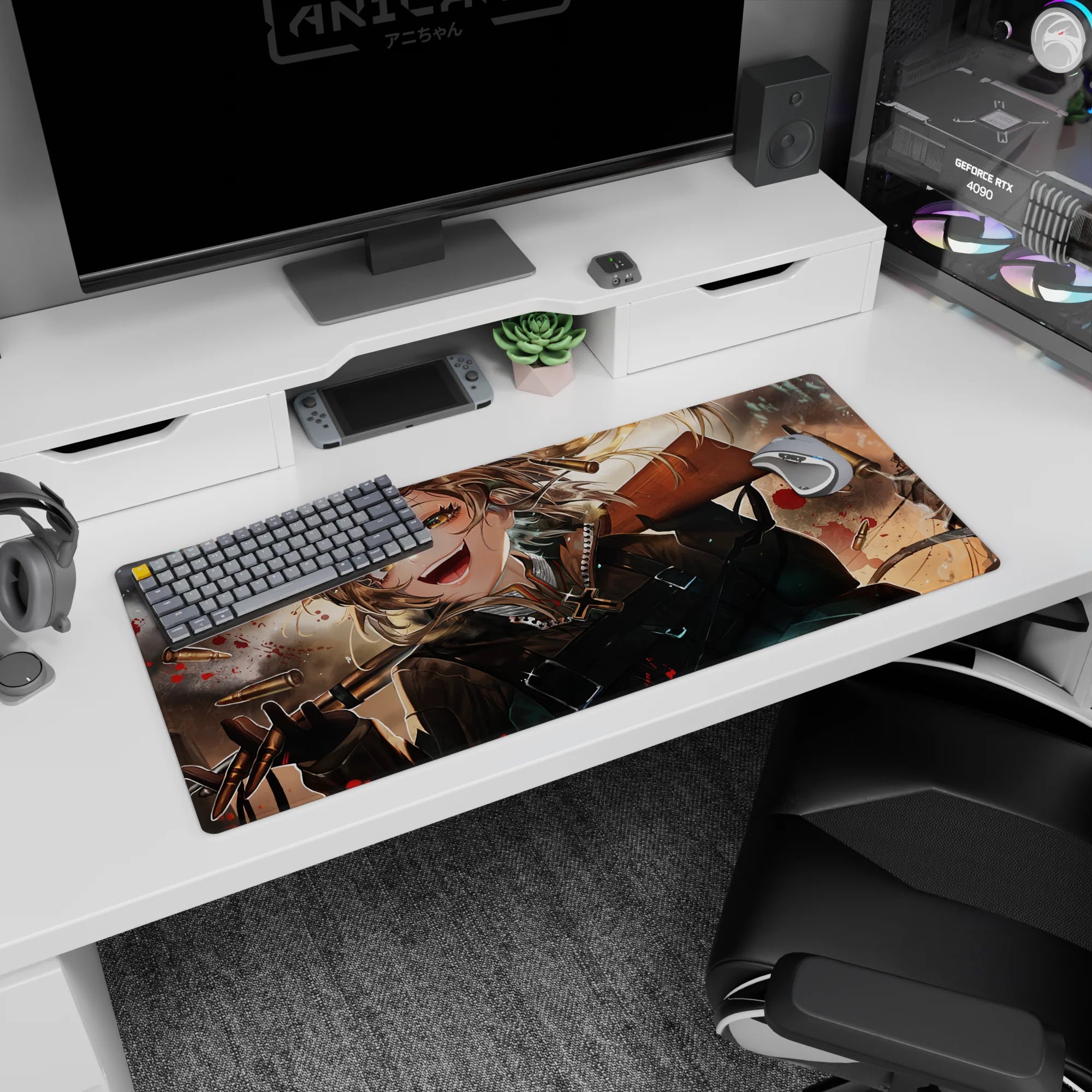 Tanya Degurechaff anime desk pad 36x16 inches, black jacket and straps, glowing blonde hair in combat.