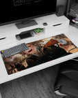 Tanya Degurechaff anime desk pad 36x16 inches, black jacket and straps, glowing blonde hair in combat.