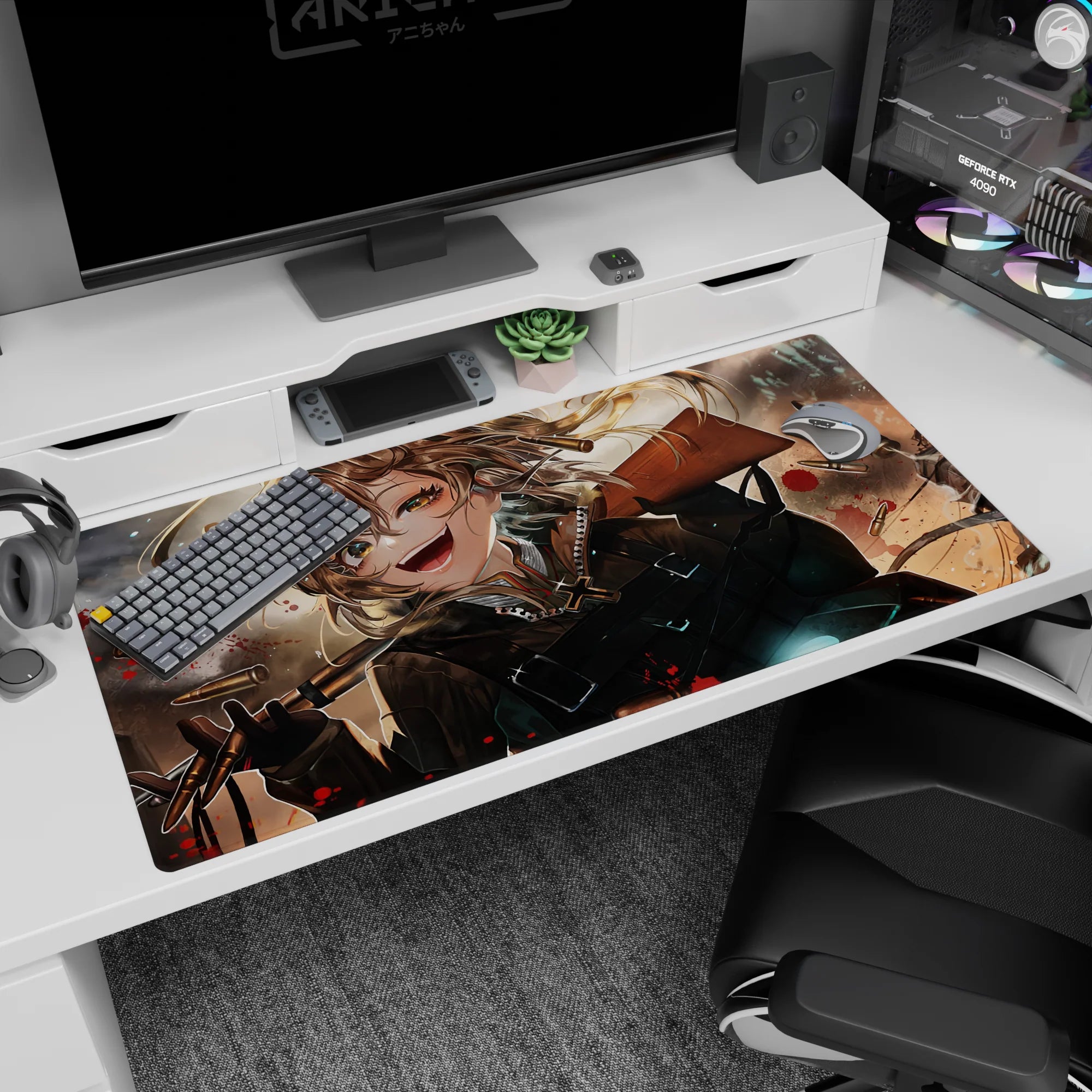 Tanya Degurechaff anime girl desk pad 40x20 inches, wide grin in chaos with brass bullets and black uniform straps.