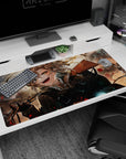 Tanya Degurechaff anime girl desk pad 40x20 inches, wide grin in chaos with brass bullets and black uniform straps.