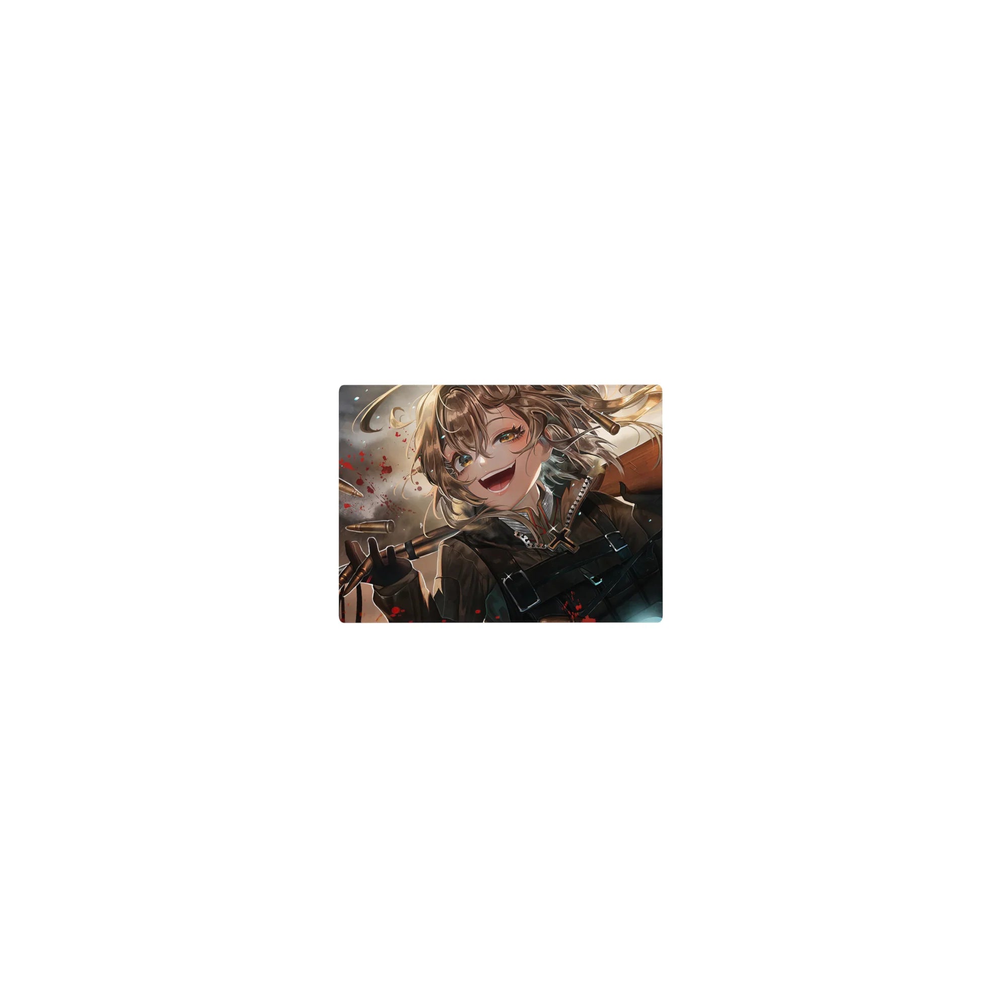 Classic anime girl mouse pad 14x10 inches with Tanya in military gear, bullets swirling, compact desk pad.