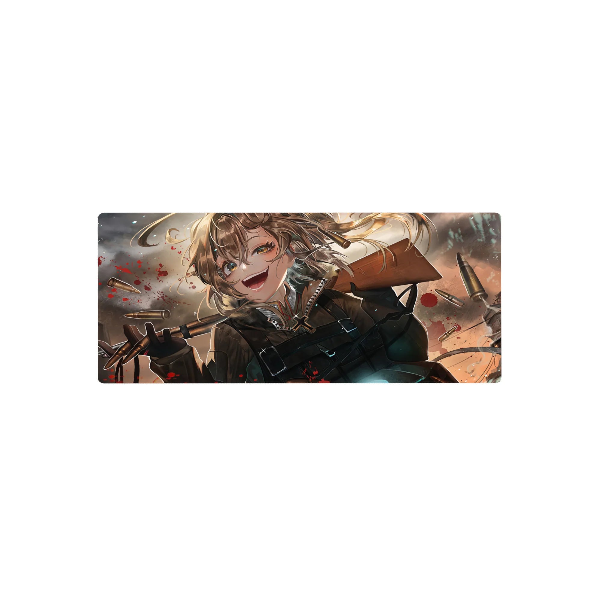 28x12 inches anime girl mouse pad with Tanya Degurechaff, bullets and smoke backdrop, smooth desk mat.