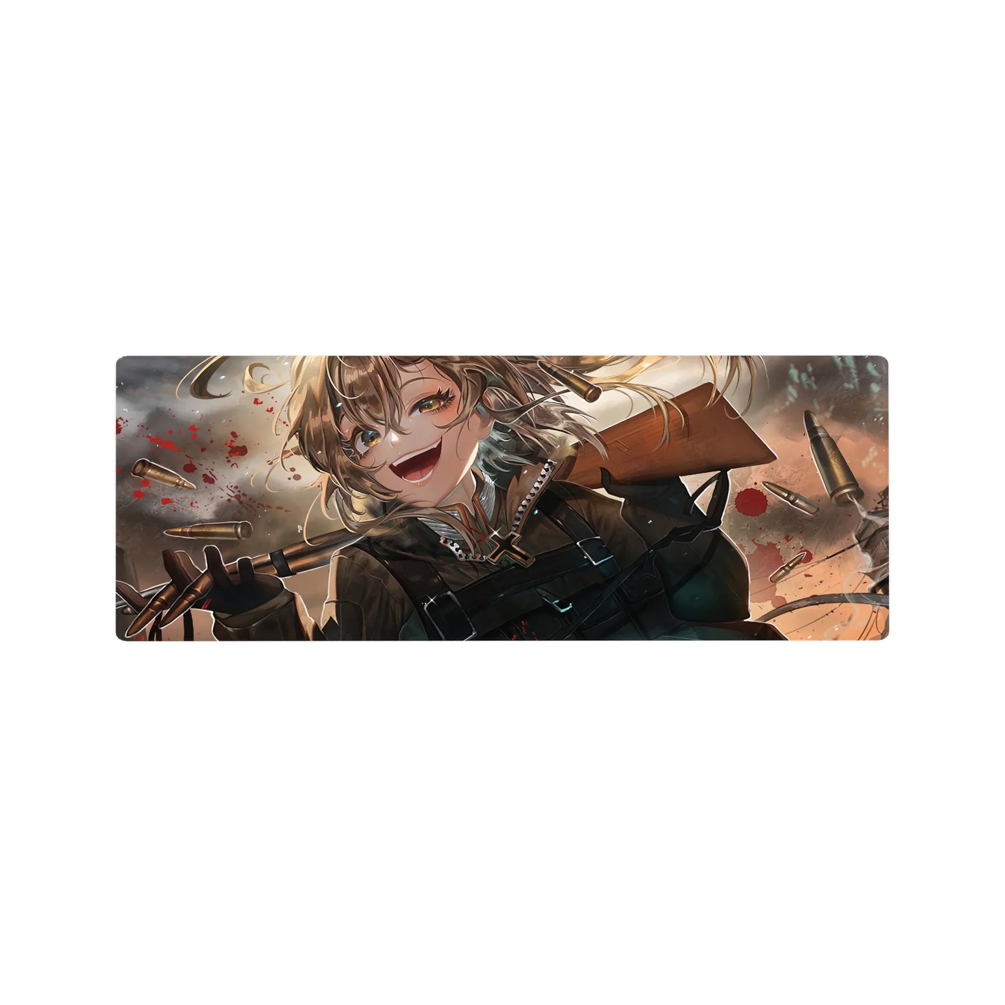 32x12 inches anime girl mouse pad with Tanya in battle chaos, spinning bullets, smoky backdrop, compact desk pad.