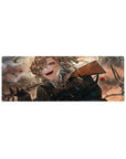 32x12 inches anime girl mouse pad with Tanya in battle chaos, spinning bullets, smoky backdrop, compact desk pad.