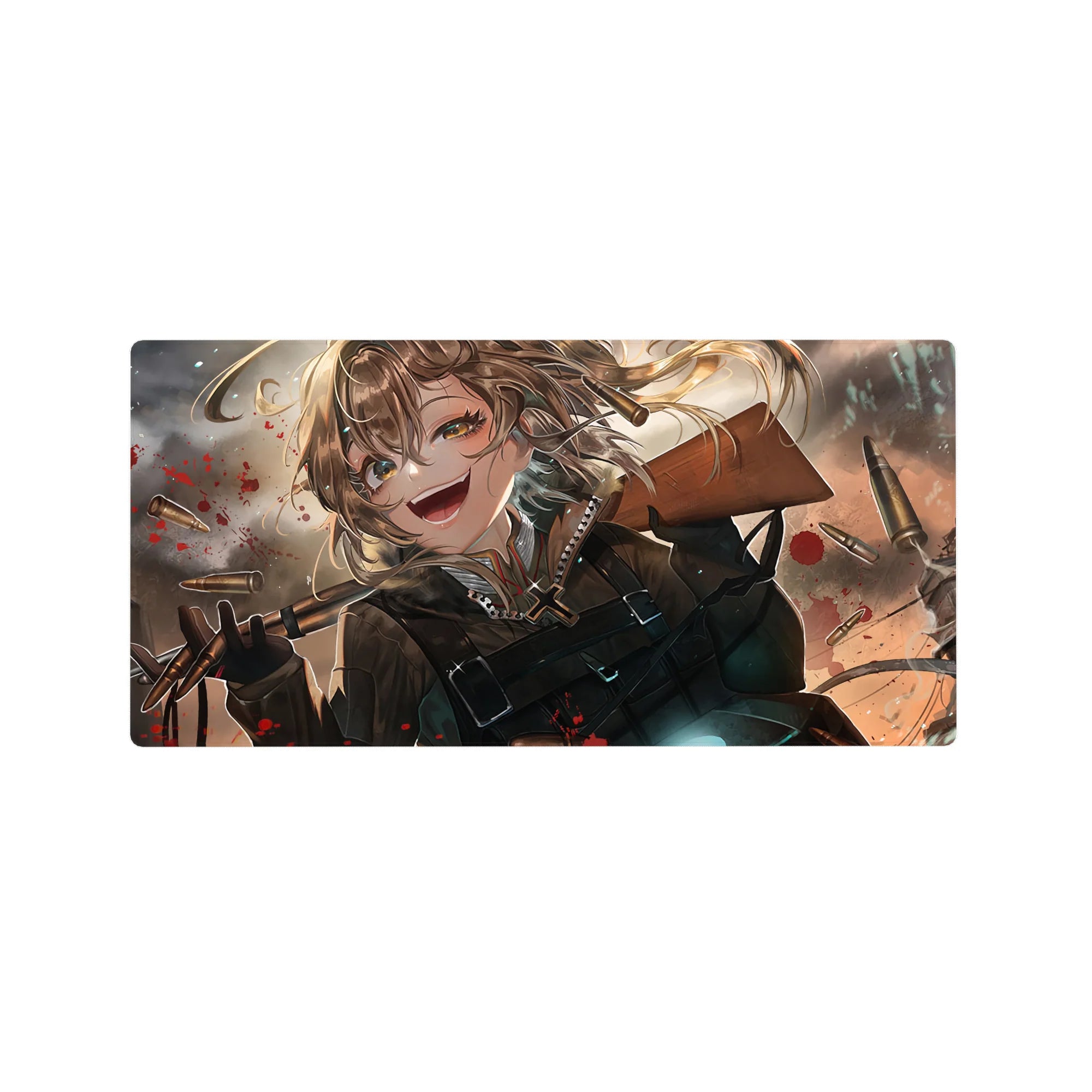 32x16 inches anime girl mouse pad with Tanya in military jacket, bullets swirling, smoky war backdrop.