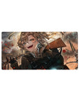 32x16 inches anime girl mouse pad with Tanya in military jacket, bullets swirling, smoky war backdrop.