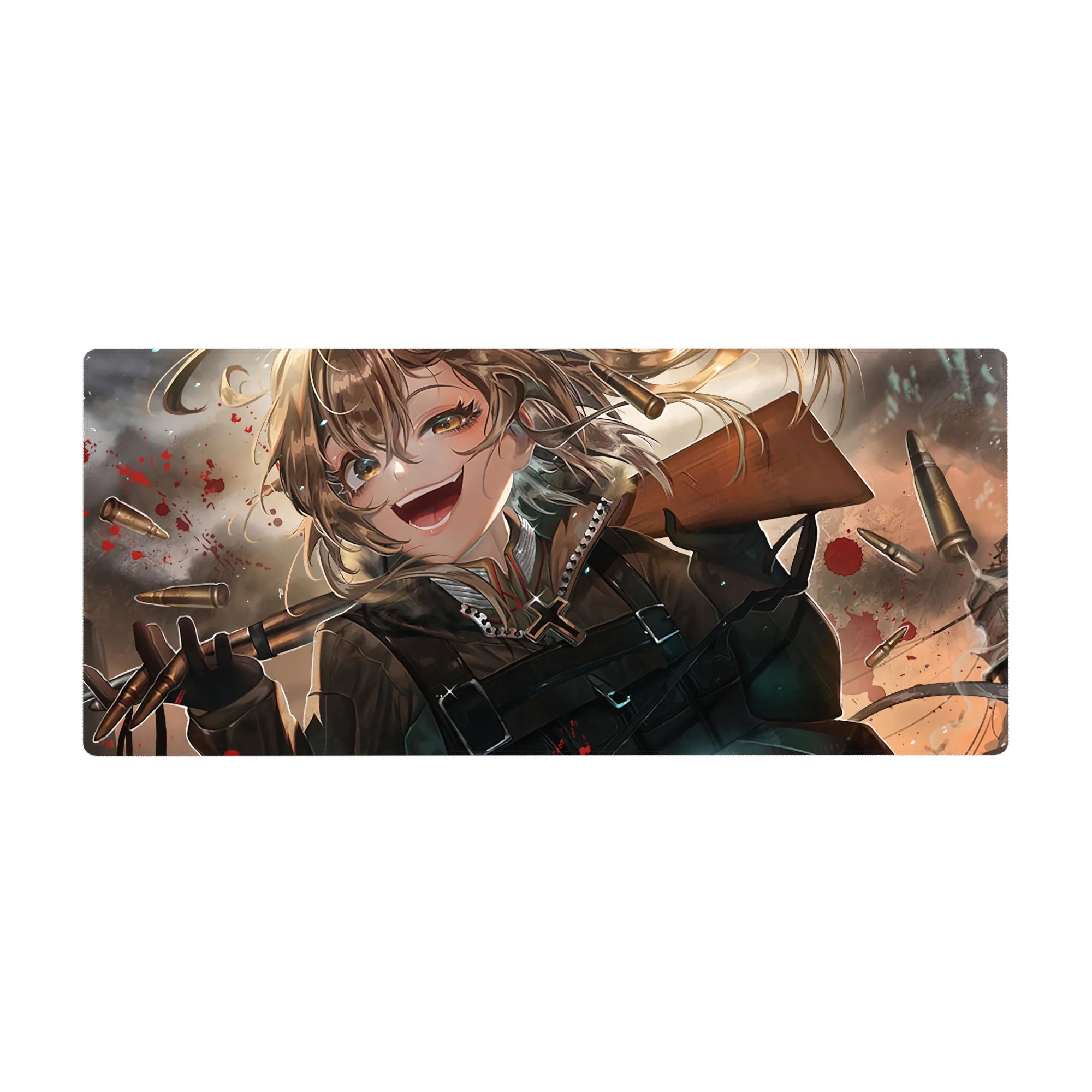 Anime girl desk pad 36x16 inches with Tanya in battlefield chaos, bullets and smoke, smooth gaming surface.