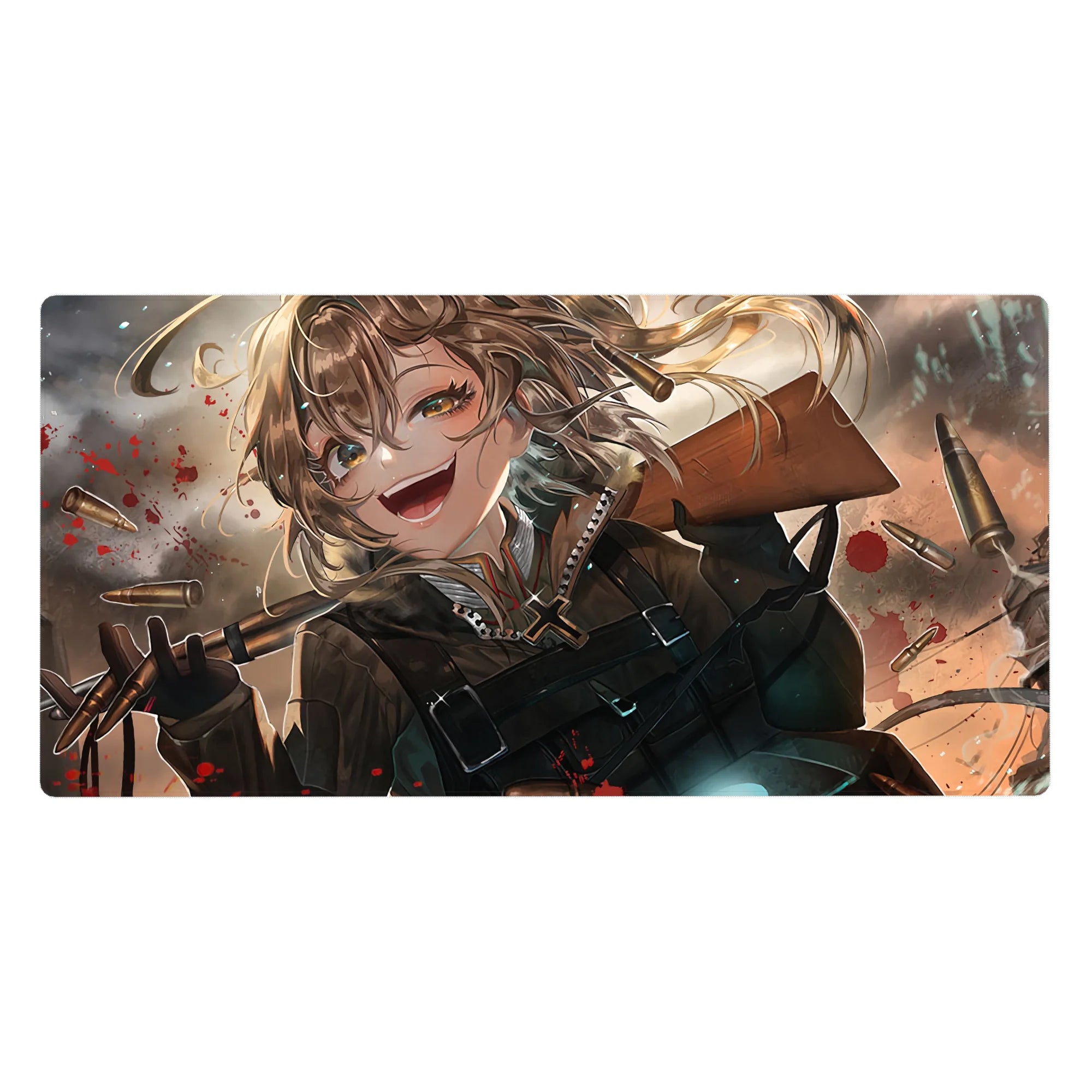 Anime girl desk pad 40x20 inches with Tanya amid flying bullets, smoky battlefield backdrop, smooth mouse tracking.