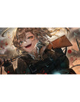 Anime girl desk pad 40x20 inches with Tanya amid flying bullets, smoky battlefield backdrop, smooth mouse tracking.