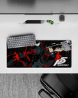 Joker anime mouse pad, 28x12 inches, featuring deep blacks, red streaks, and geometric stars for stylish rebels.