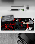 Anime mouse pad featuring Joker from Persona 5, size 32x12 inches, showcasing bold red and black design with geometric stars.