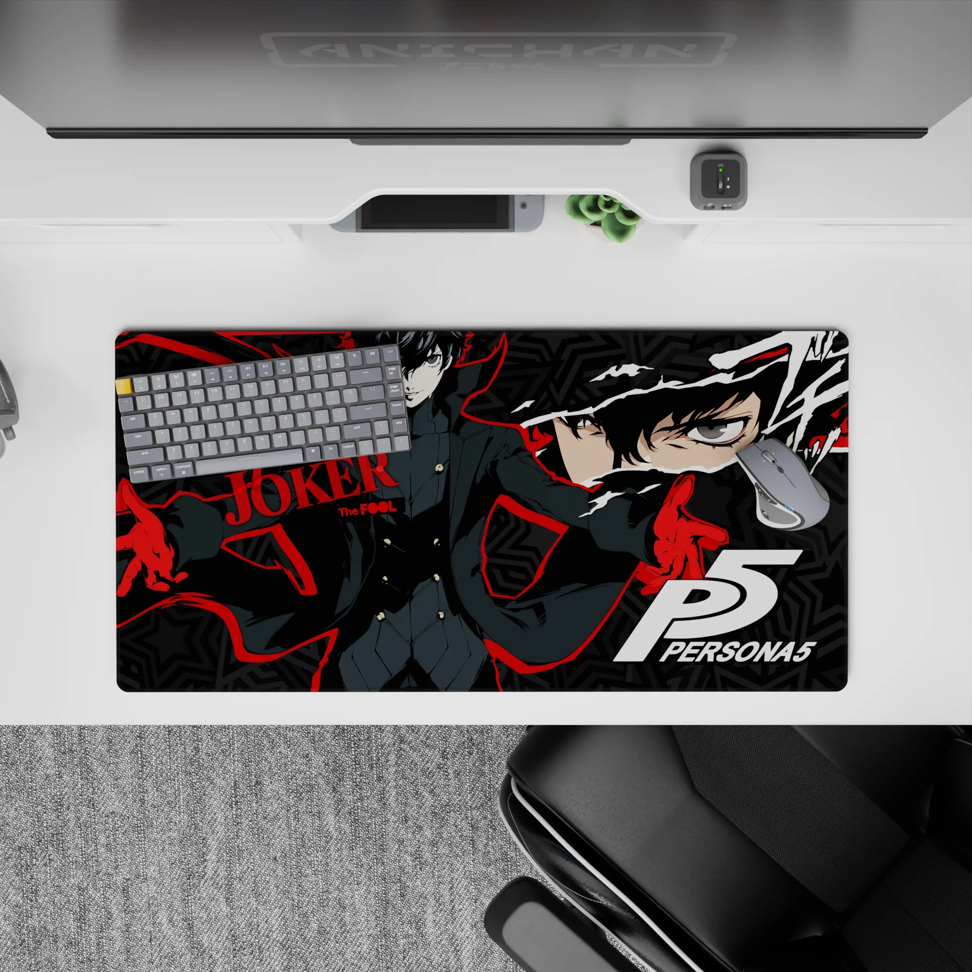 Large 32x16 inches anime mouse pad featuring Joker from Persona 5, with deep blacks, red streaks, and geometric stars.