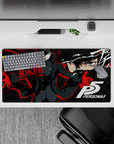 Large 32x16 inches anime mouse pad featuring Joker from Persona 5, with deep blacks, red streaks, and geometric stars.