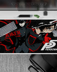 Anime mouse pad 40x20 inches featuring Joker from Persona 5, with deep blacks, red streaks, and geometric stars.